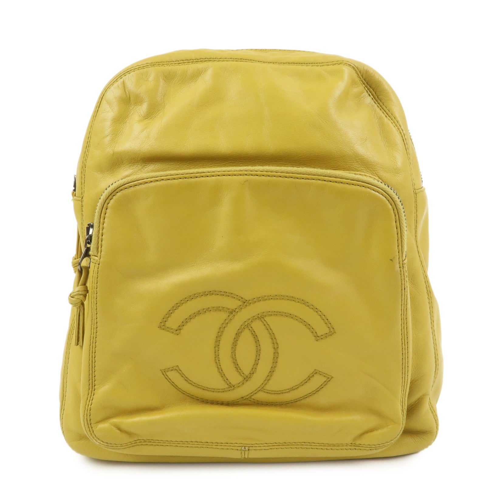 CHANEL COCO Mark Lamb Skin Back Pack Ruck Suck Yellow