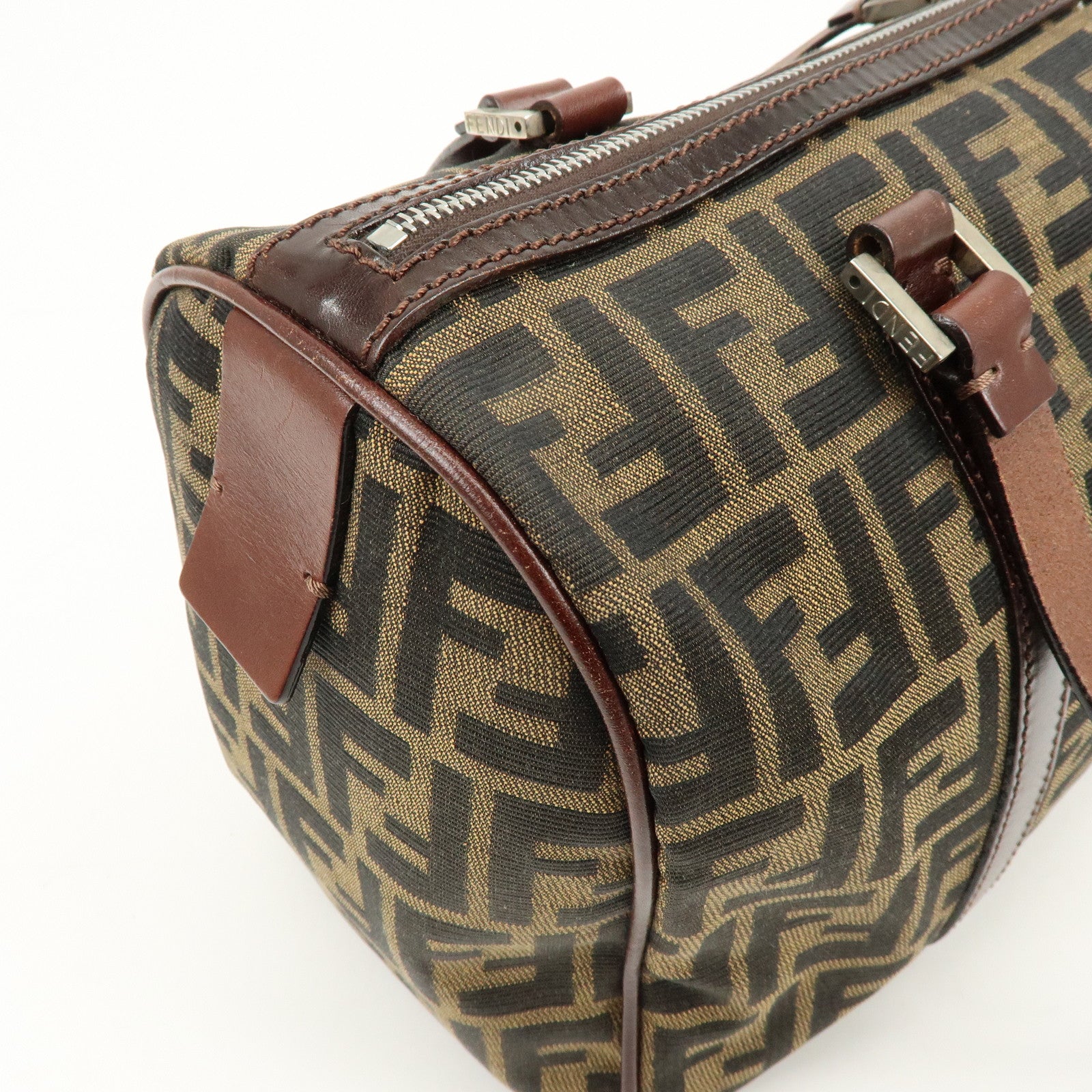 FENDI Zucca Canvas Leather Boston Bag Hand Bag Brown 16327