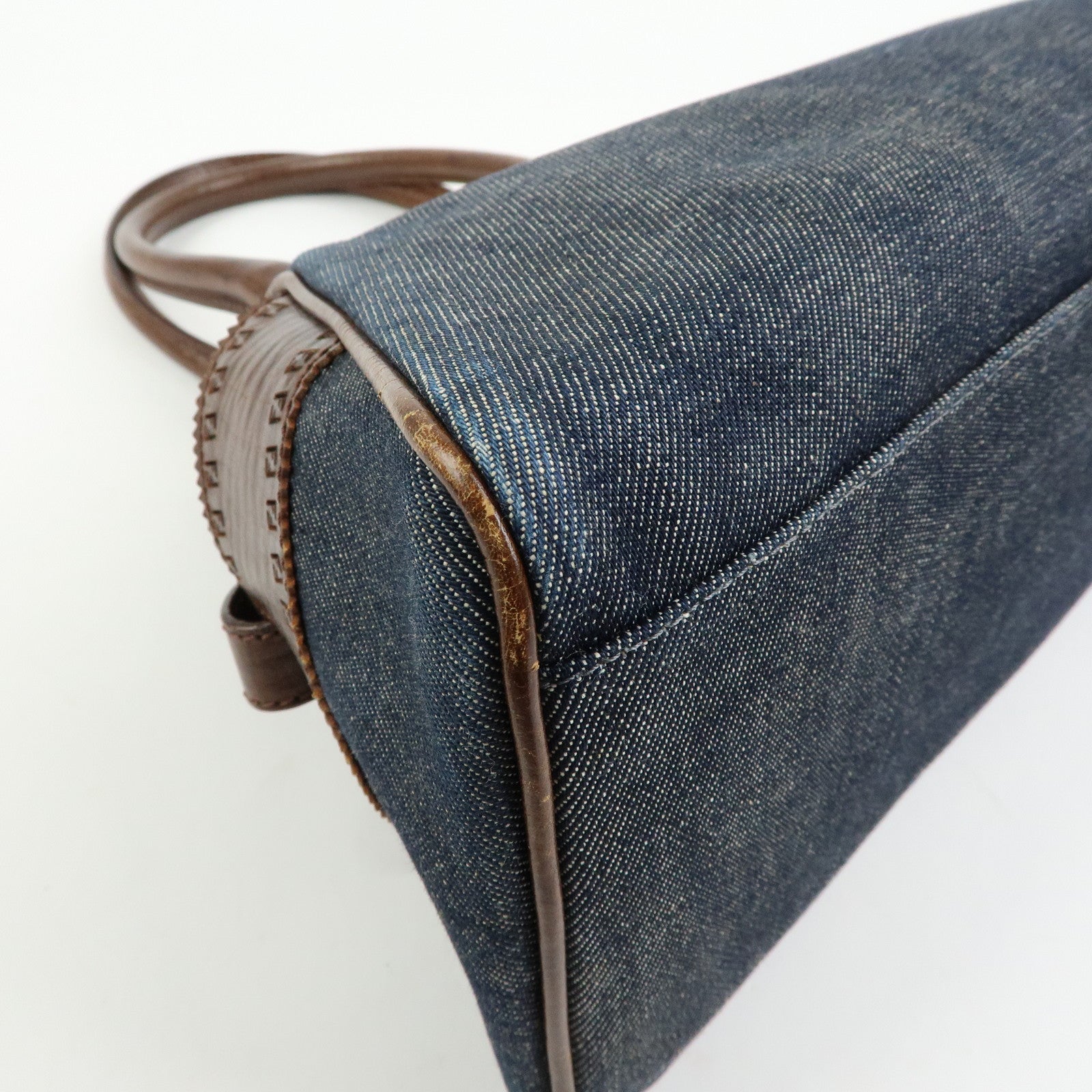 FENDI Etnico Denim Leather Tote Bag Shoulder Bag Blue Brown 8BN157