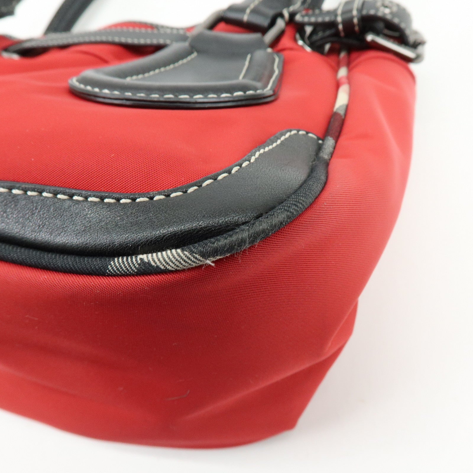 BURBERRY Blue Label Nova Plaid Nylon Leather Tote Bag Red Black