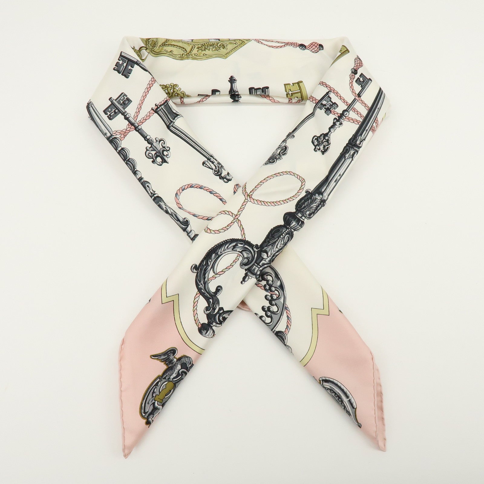 HERMES Carre 90 Silk 100% Scarf LES CLES THE KEYS RARE Ivory Pink
