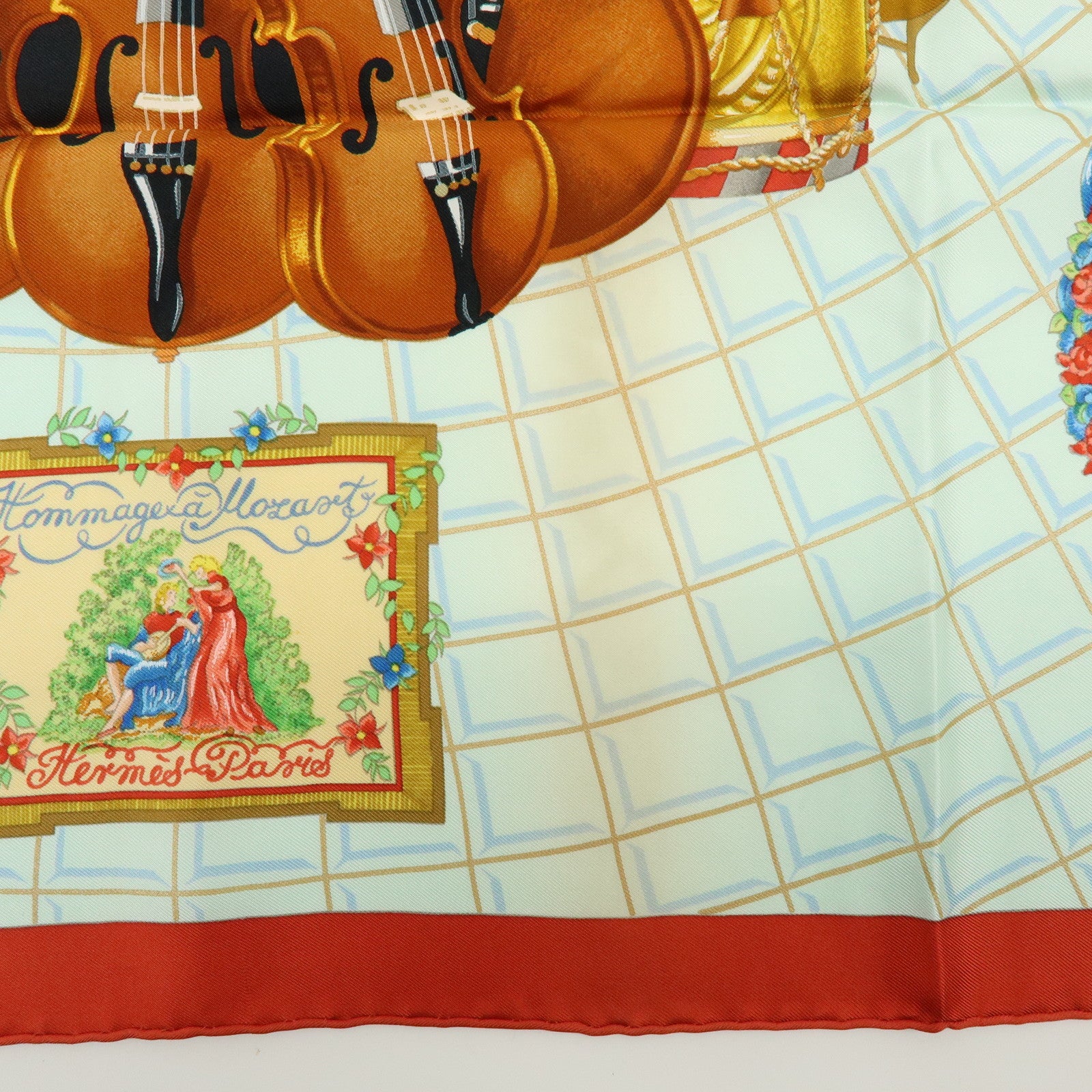 HERMES Carre 90 Silk 100% Scarf Wolfgang Amadeus Mozart Red Brown