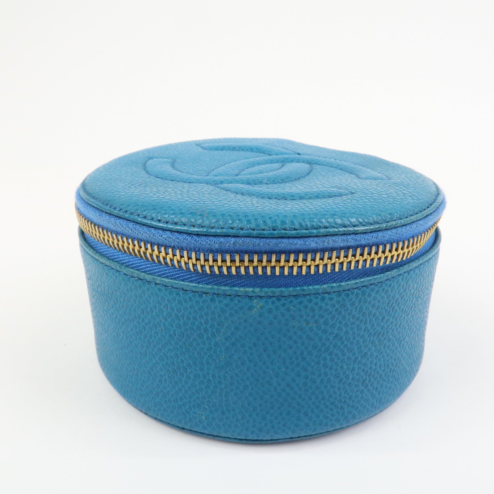 CHANEL COCO Mark Caviarskin Round Cosmetic Pouch Blue Gold