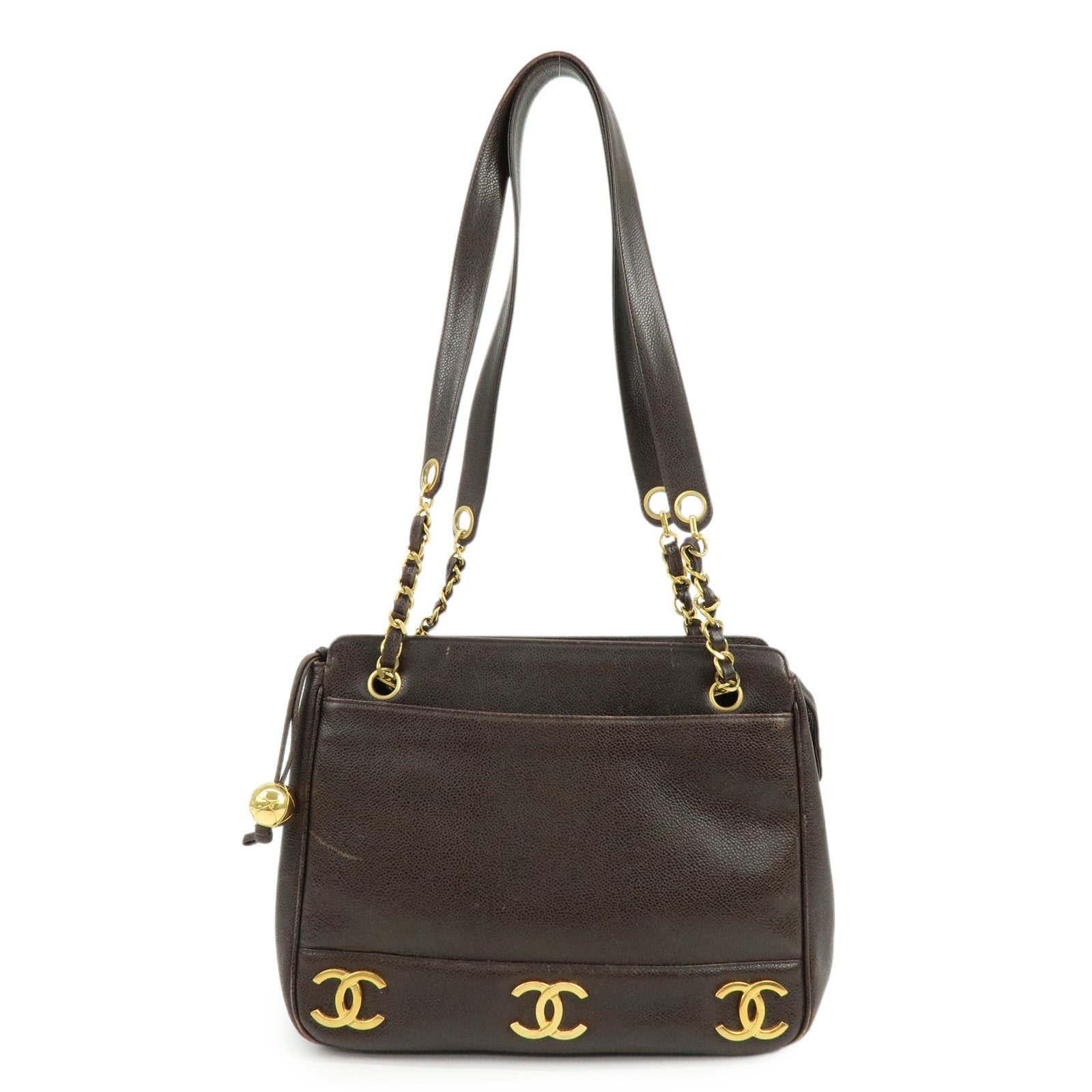CHANEL Triple COCO Mark Caviarskin Chain Shoulder Bag Brown