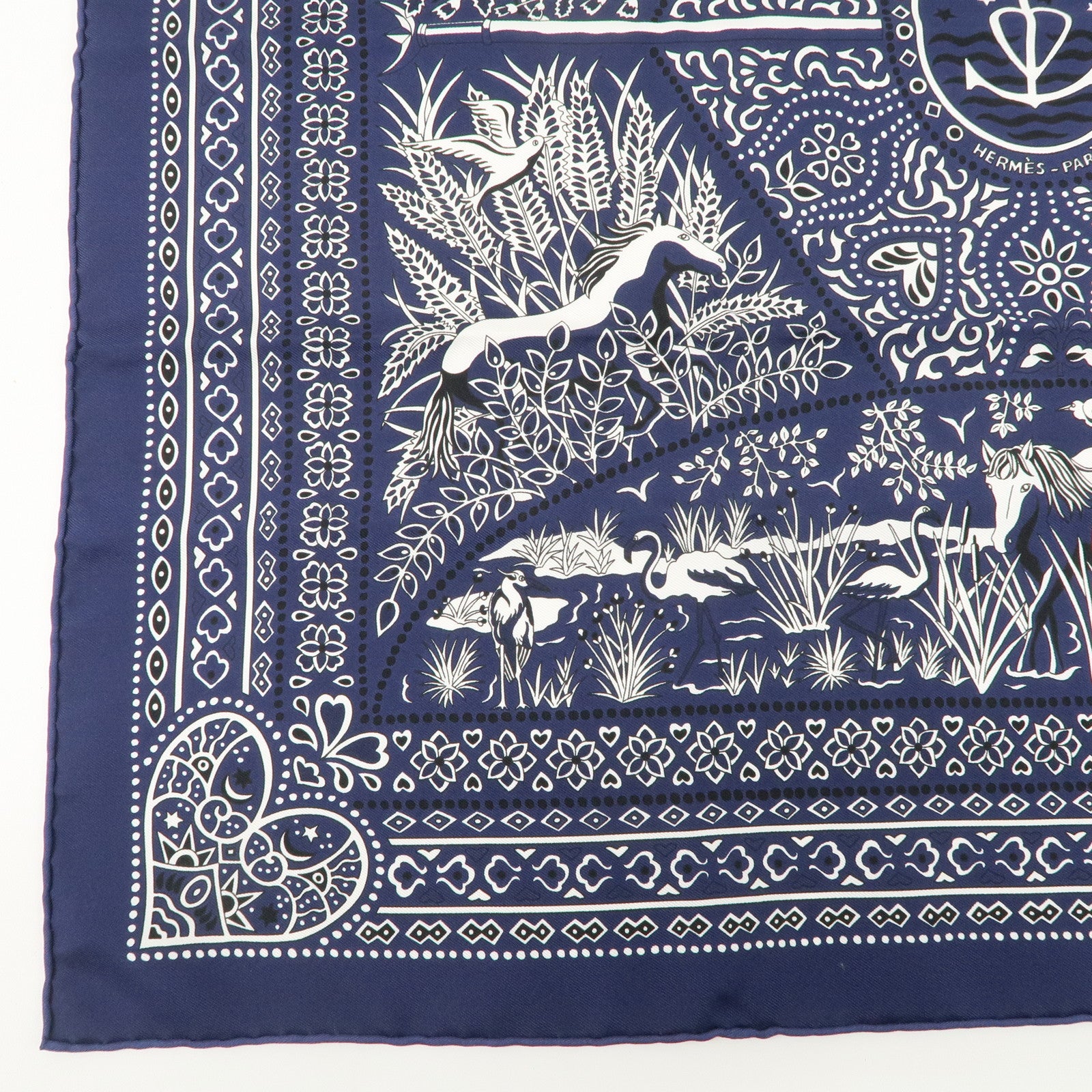 HERMES Carre 55 Silk 100% Scarf Entre Ciel et mer Navy Used