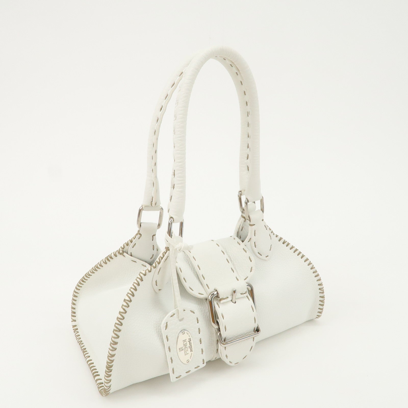FENDI Seleria Leather Hand Bag White Silver HDW 8BR439