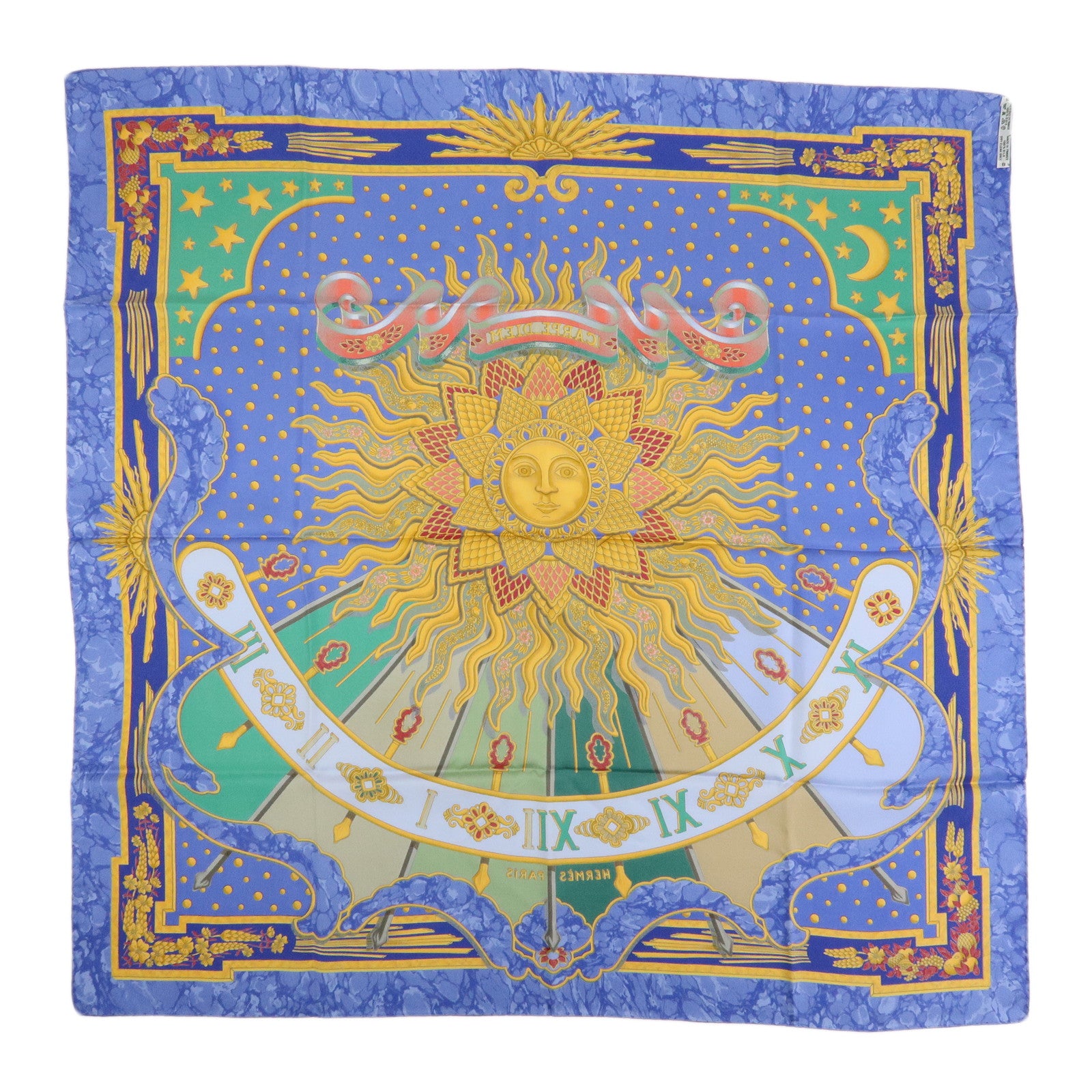 HERMES Carre 90 Silk 100% Scarf CARPE DIEM Blue Gold