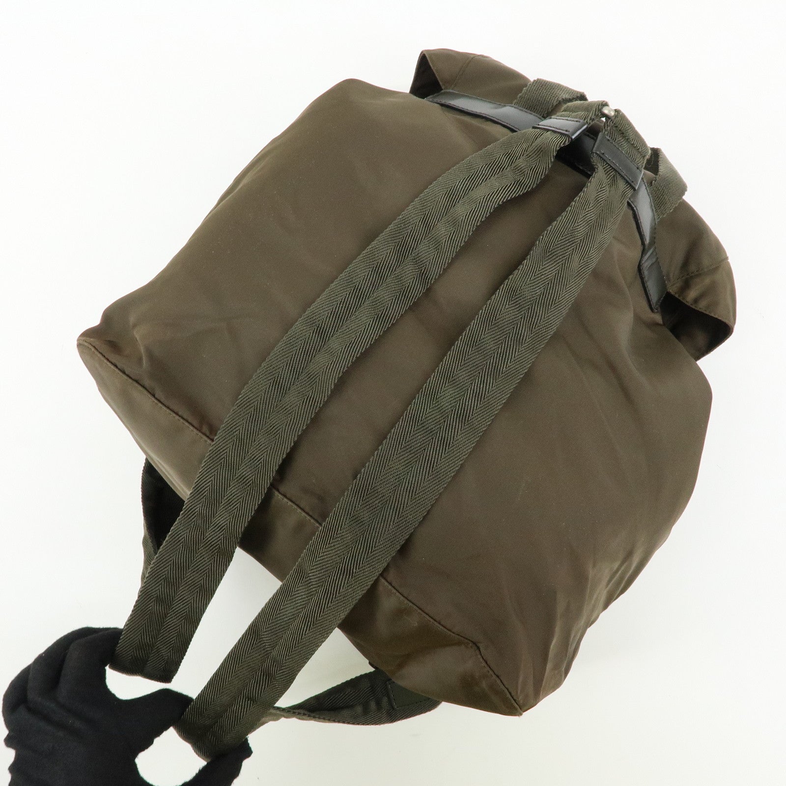 PRADA Triangle Logo Nylon Leather Backpack Rucksack Khaki B6677