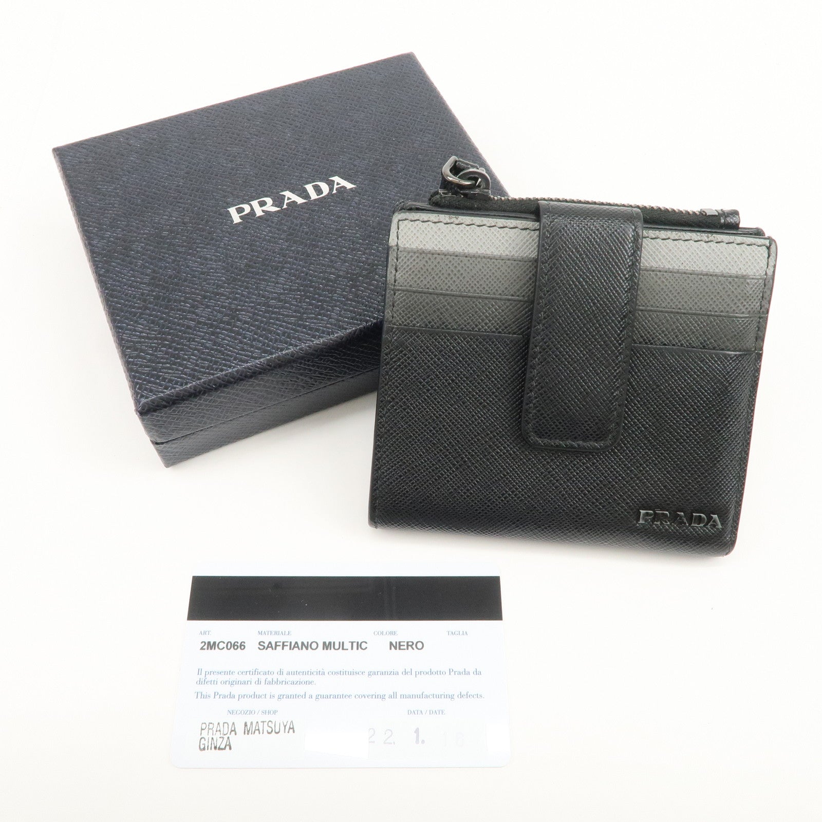 PRADA Logo Saffiano Leather Compact Wallet Black 2MC066