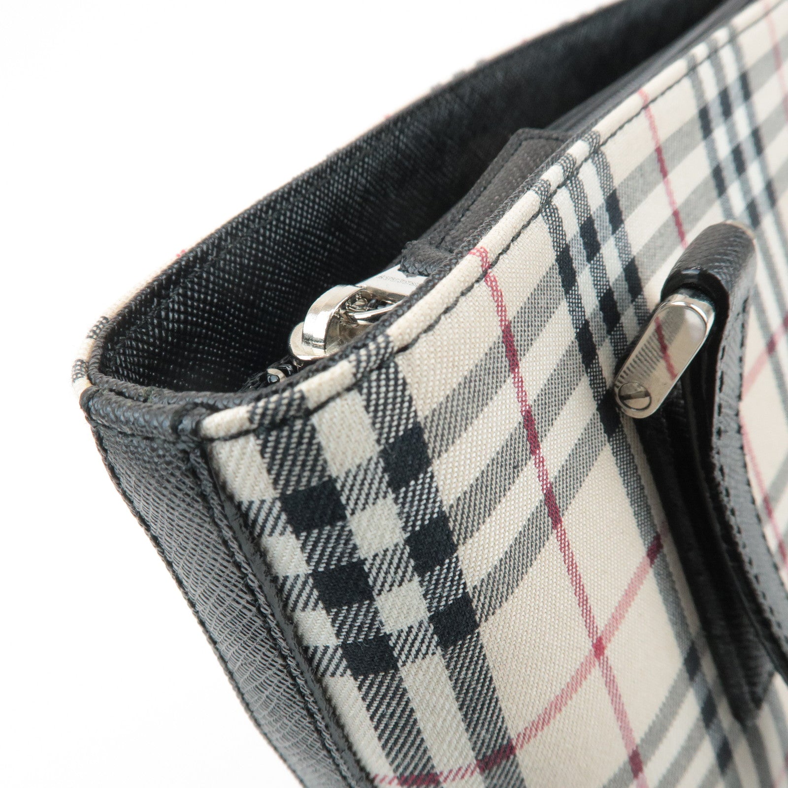 BURBERRY Nova Plaid Canvas Leather Tote Bag Shoulder Bag Black Used