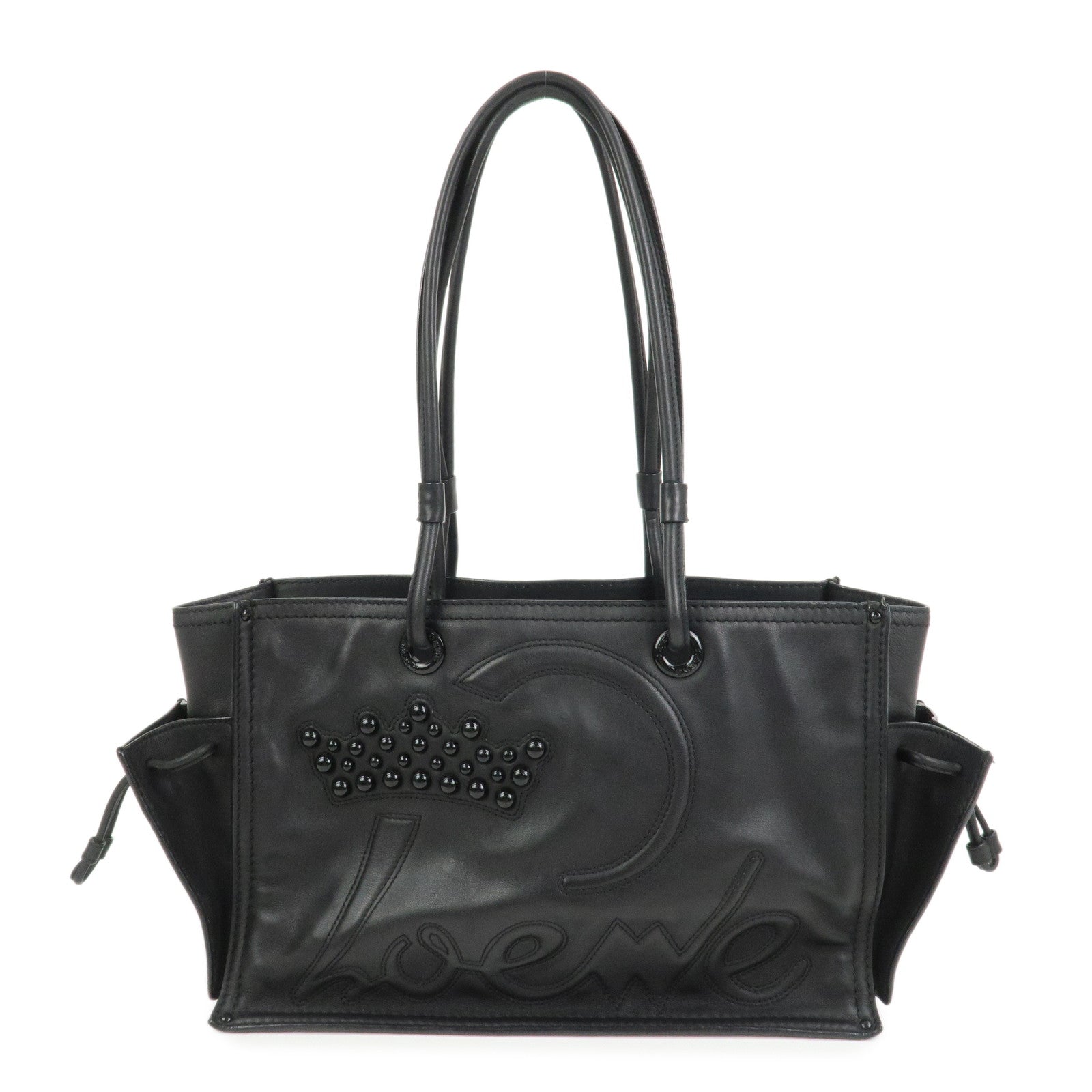 LOEWE Logo Leather Shopper Tote Bag Shoulder Bag Hand Bag Black