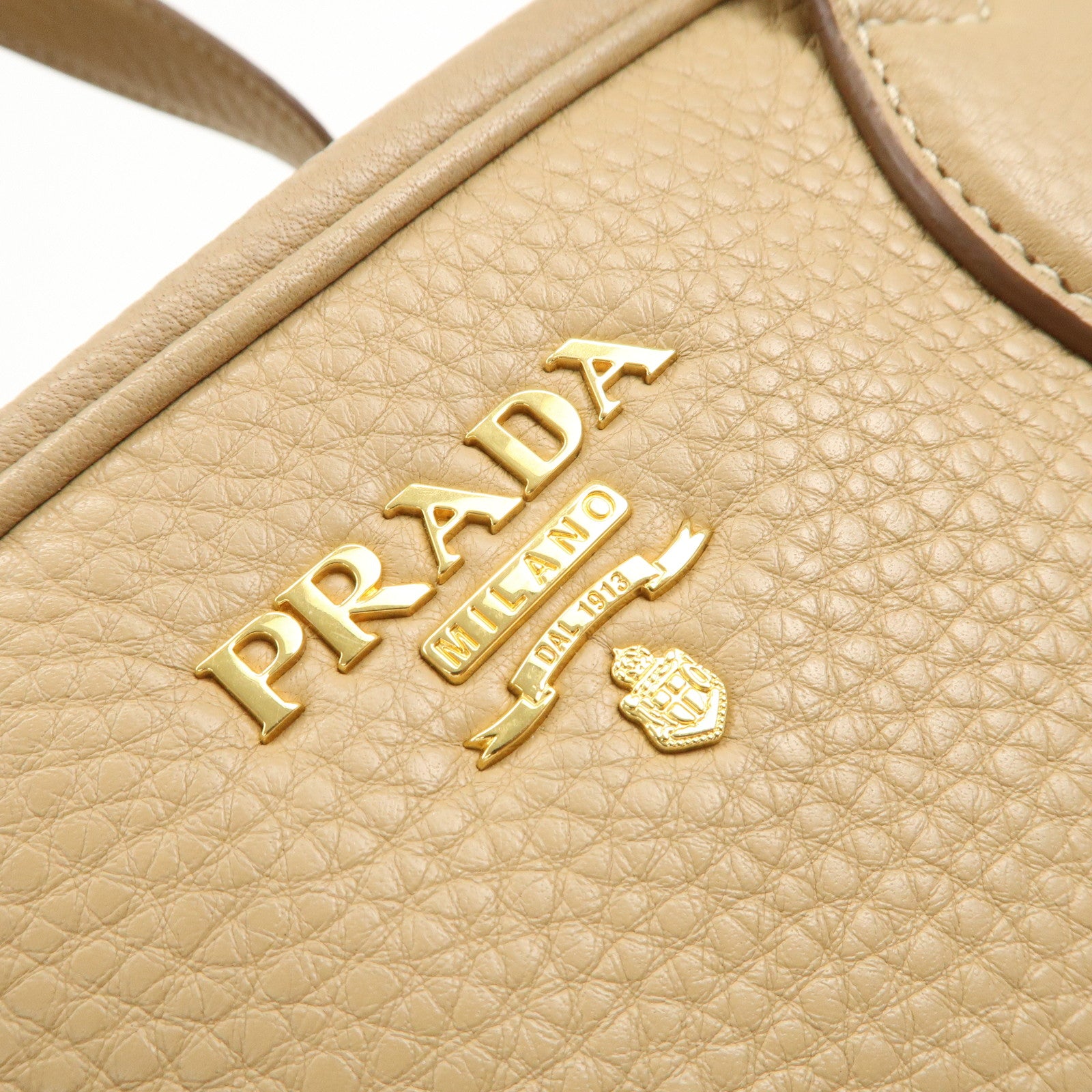 PRADA Leather Boston Bag Hand Bag Beige Gold BL8062