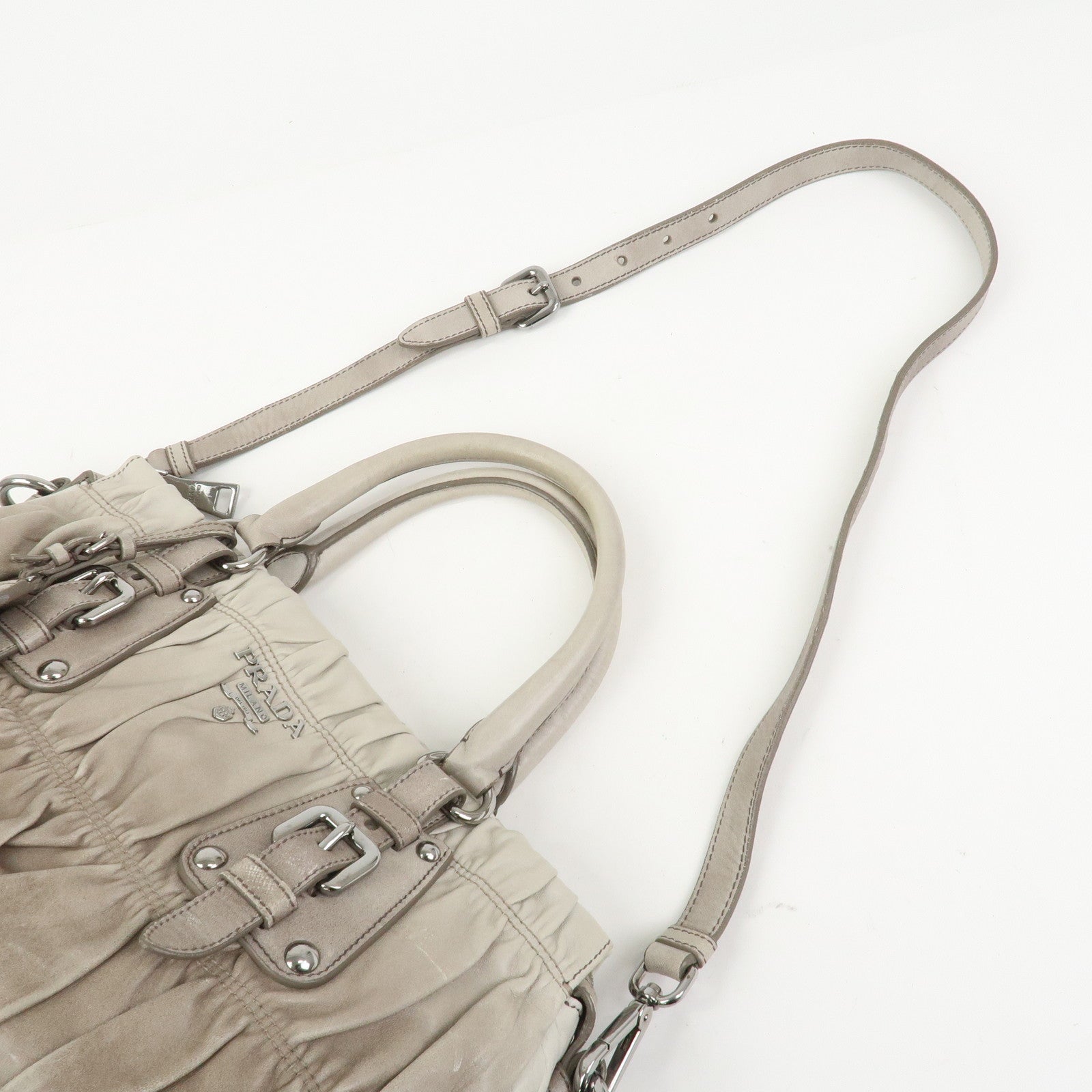 PRADA Leather Gathered 2Way Bag Hand Bag Shoulder Bag Gray BN1407