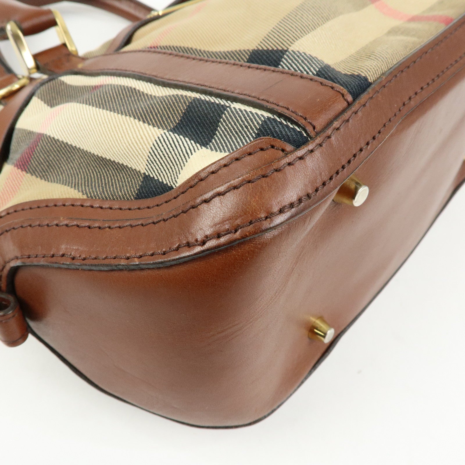 BURBERRY Nova Plaid Canvas Leather Hand Bag Beige Brown