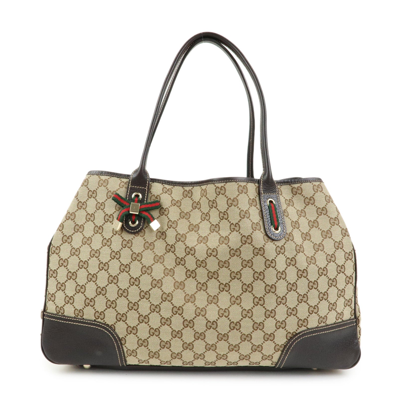 GUCCI Princy GG Canvas Leather Tote Bag Beige Dark Brown 161719
