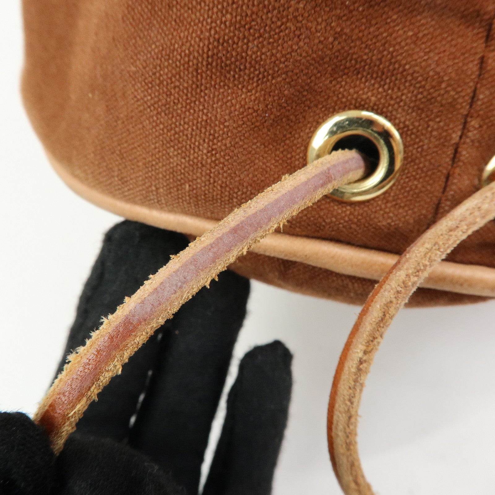 HERMES Porochon Mimil PM Canvas Leather Drawstring Backpack Brown