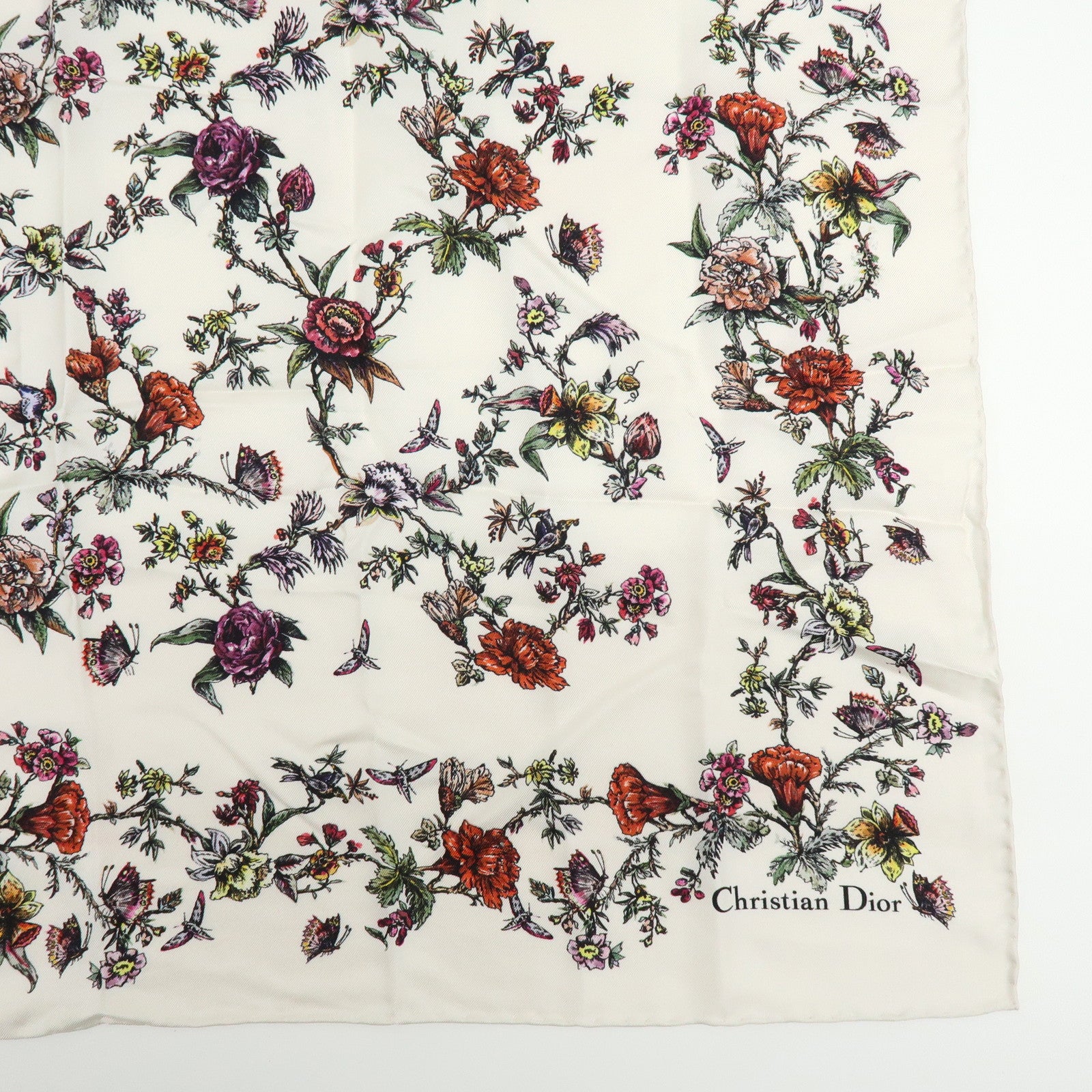 Christian Dior Flower Motif Silk 100% Scarf Ivory Multicolor