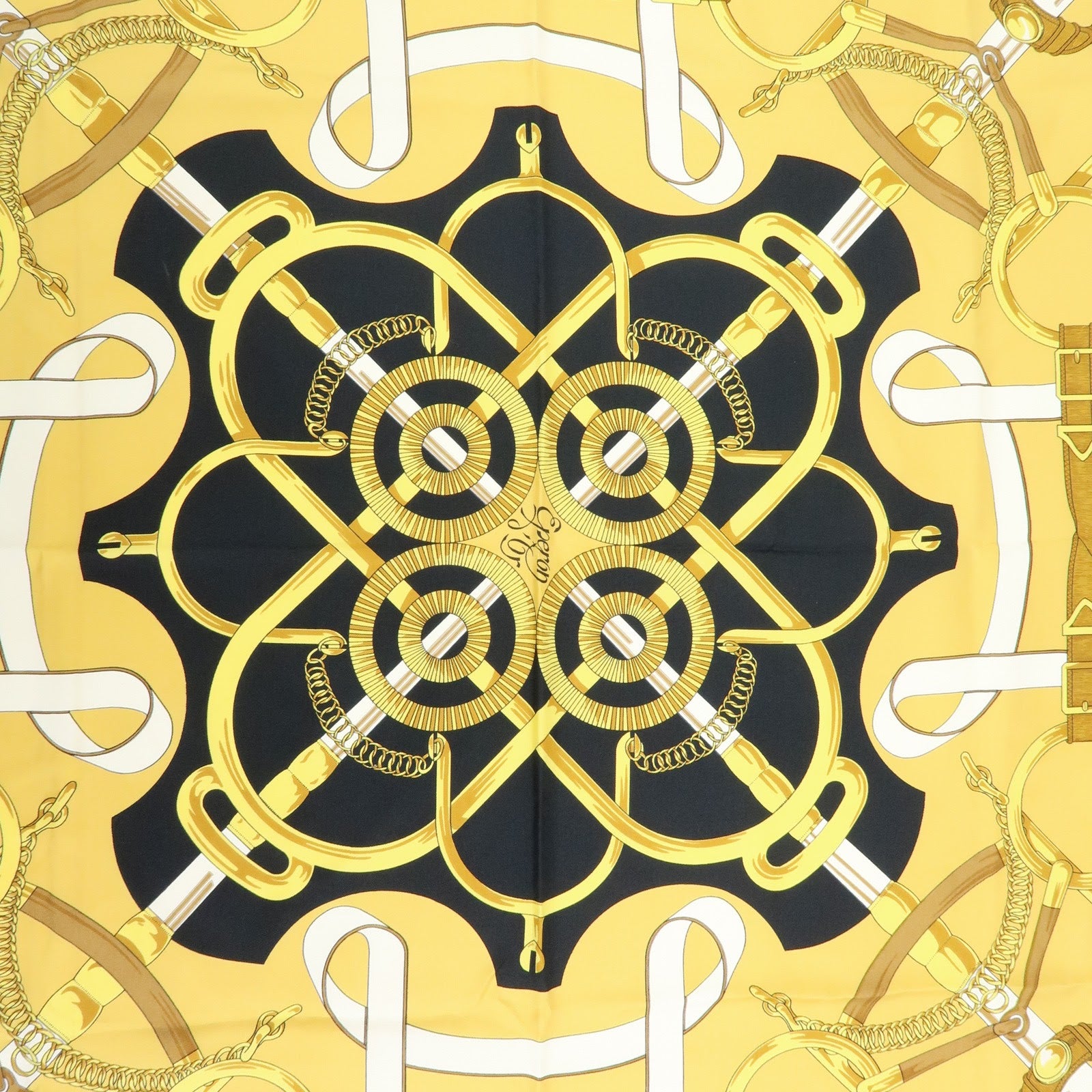 HERMES Carre 90 Silk 100% Eperon d'or Scarf White Navy