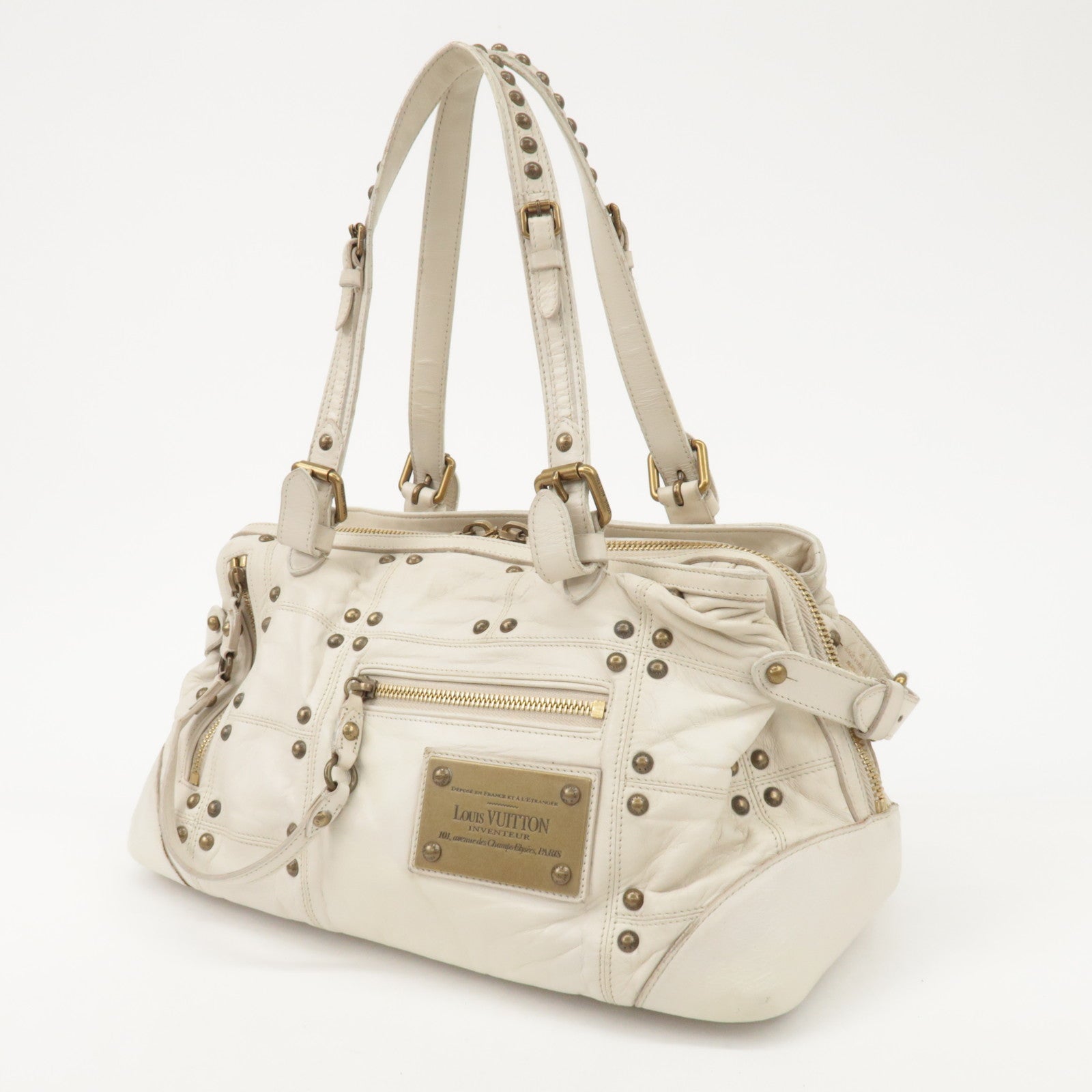 Louis Vuitton Cruise Line Leather Rivet Hand Bag Ecru M95345 Used