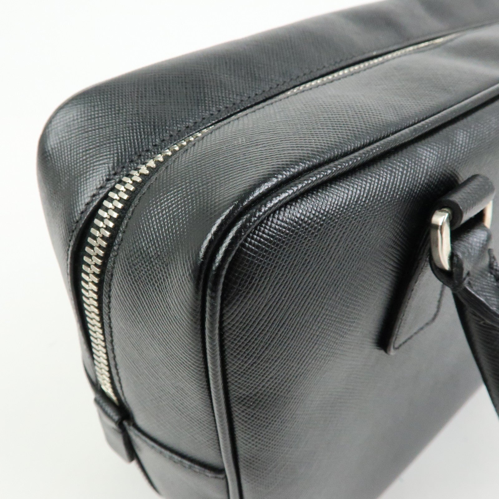 PRADA Triangle Logo Saffiano Leather Hand Bag Boston Bag Black