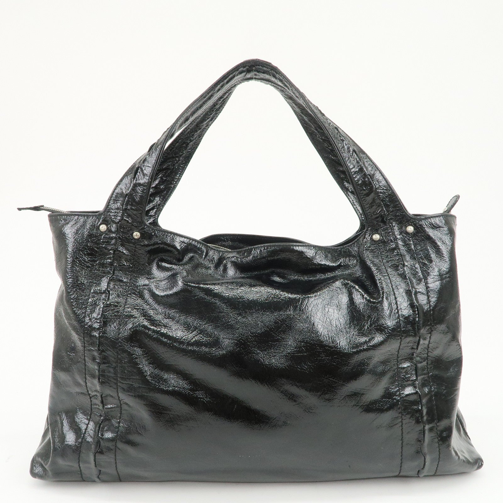 Ferragamo Gancini Logo Patent Leather Tote Bag Shoulder Bag Black