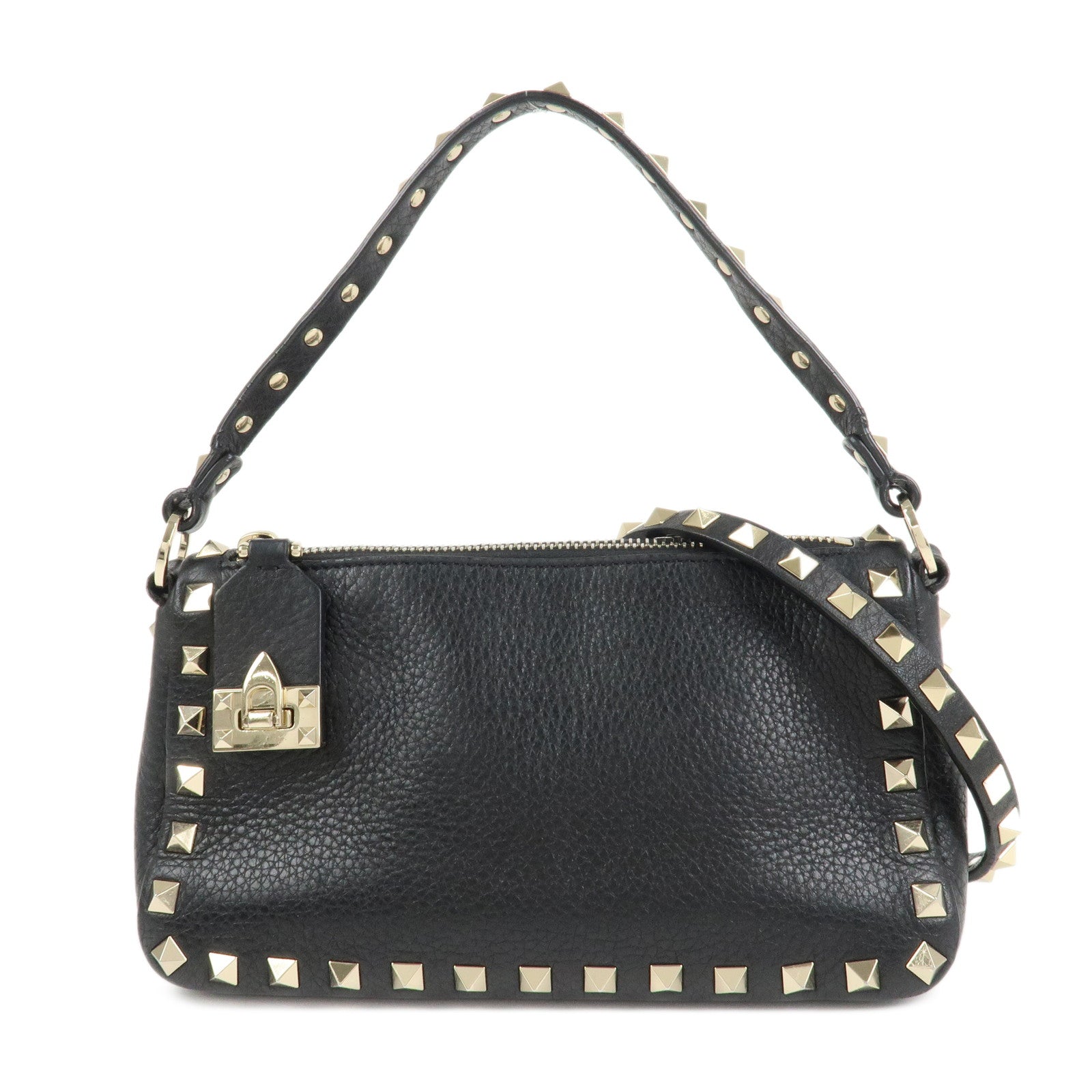 VALENTINO Rock Studs Grained Calf Leather 2Way Shoulder Bag Black
