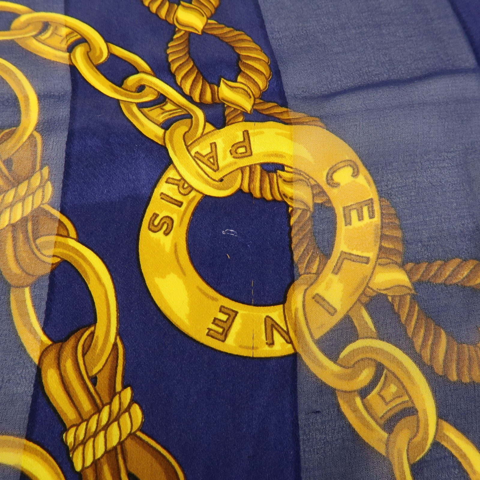 CELINE Silk 100% Chiffon Scarf Gold Chain Motif Navy Gold