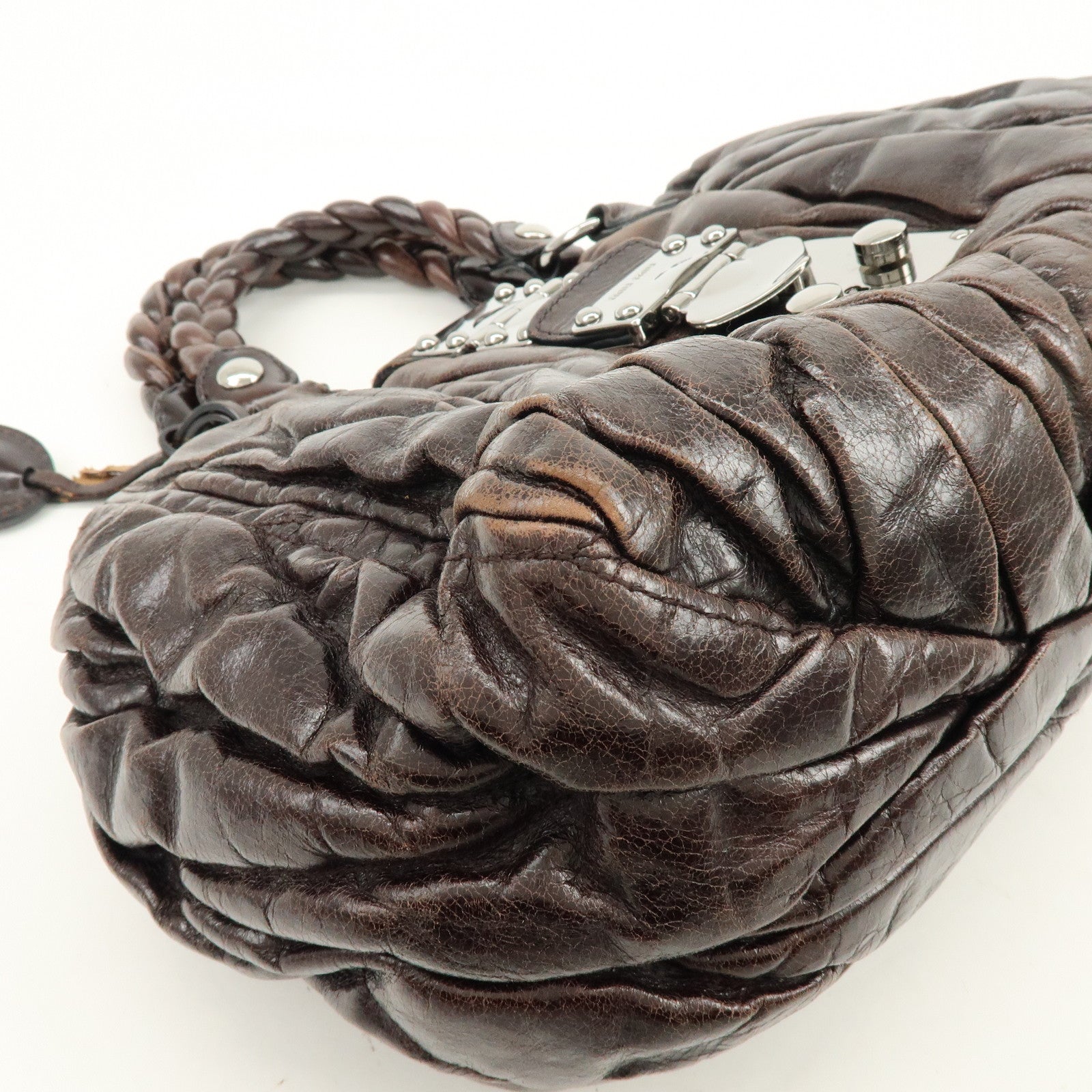 MIU MIU Matelasse Leather 2Way Bag Hand Bag Shoulder Bag Dark Brown