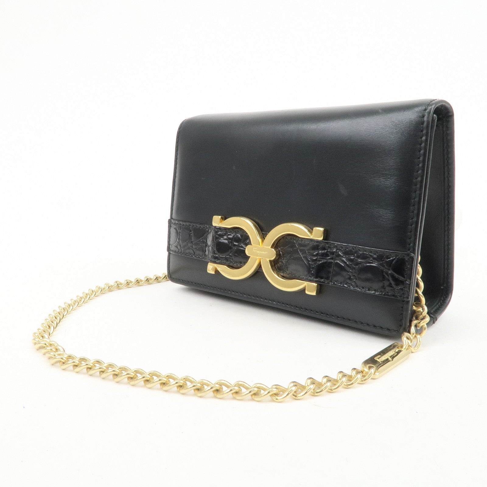 Ferragamo Gancini Embossed Leather Chain Shoulder Bag Black