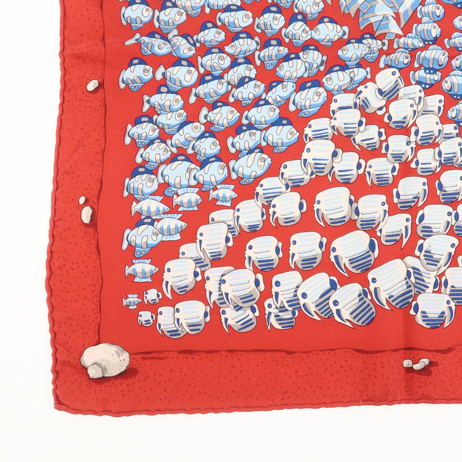 HERMES Carre 40 Silk 100% Mini Scarf Fish Print Red Blue