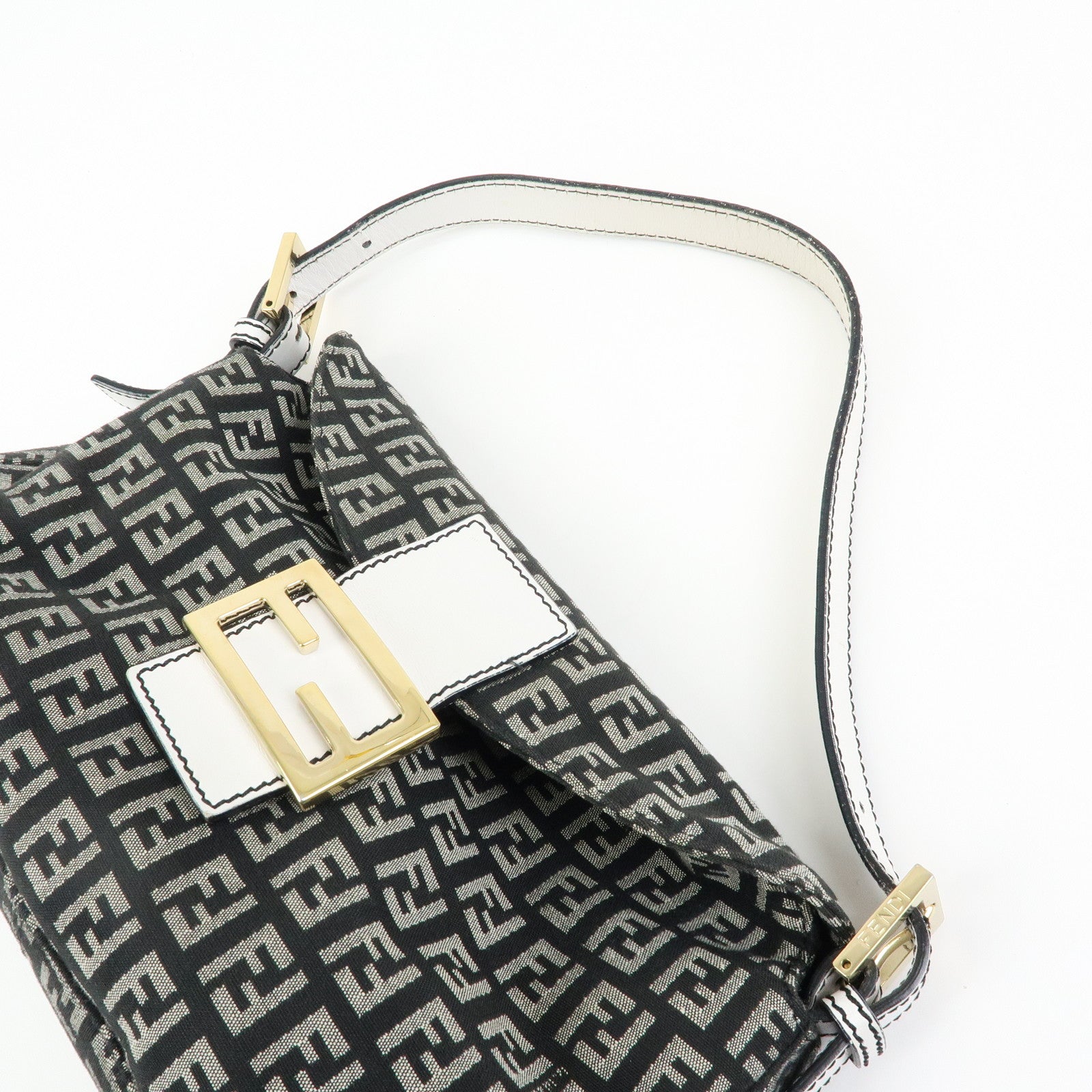 FENDI Zucchino Canvas Leather Shoulder Hand Bag Black White 8BR003