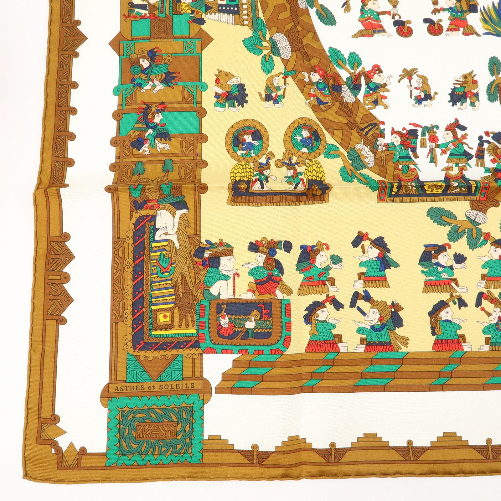 HERMES Carre 90 Silk 100% Scarf ASTRES et SOLEILS Brown Green White