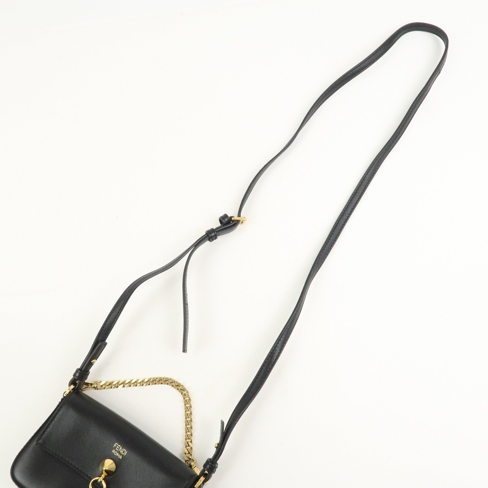 FENDI Leather Micro Baguette Shoulder Crossbody Bag Black 8M0354