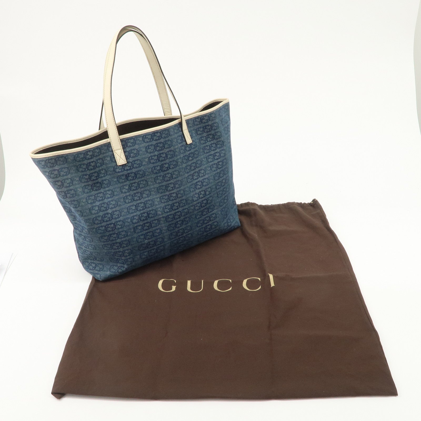 GUCCI Interlocking G Denim Leather Tote Bag Shoulder Bag Blue 257245 Used