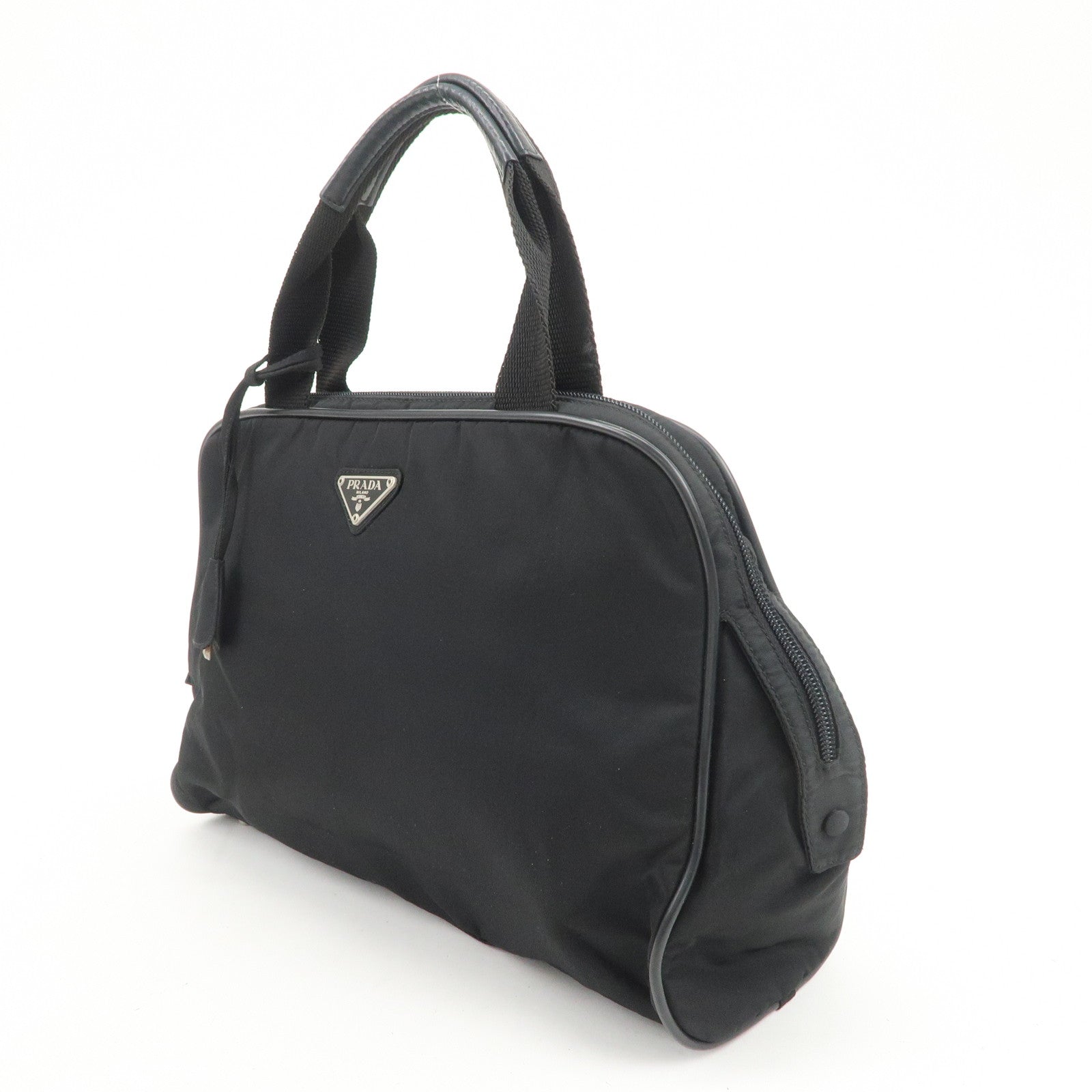 PRADA Triangle Logo Nylon Leather Hand Bag Boston Bag Black
