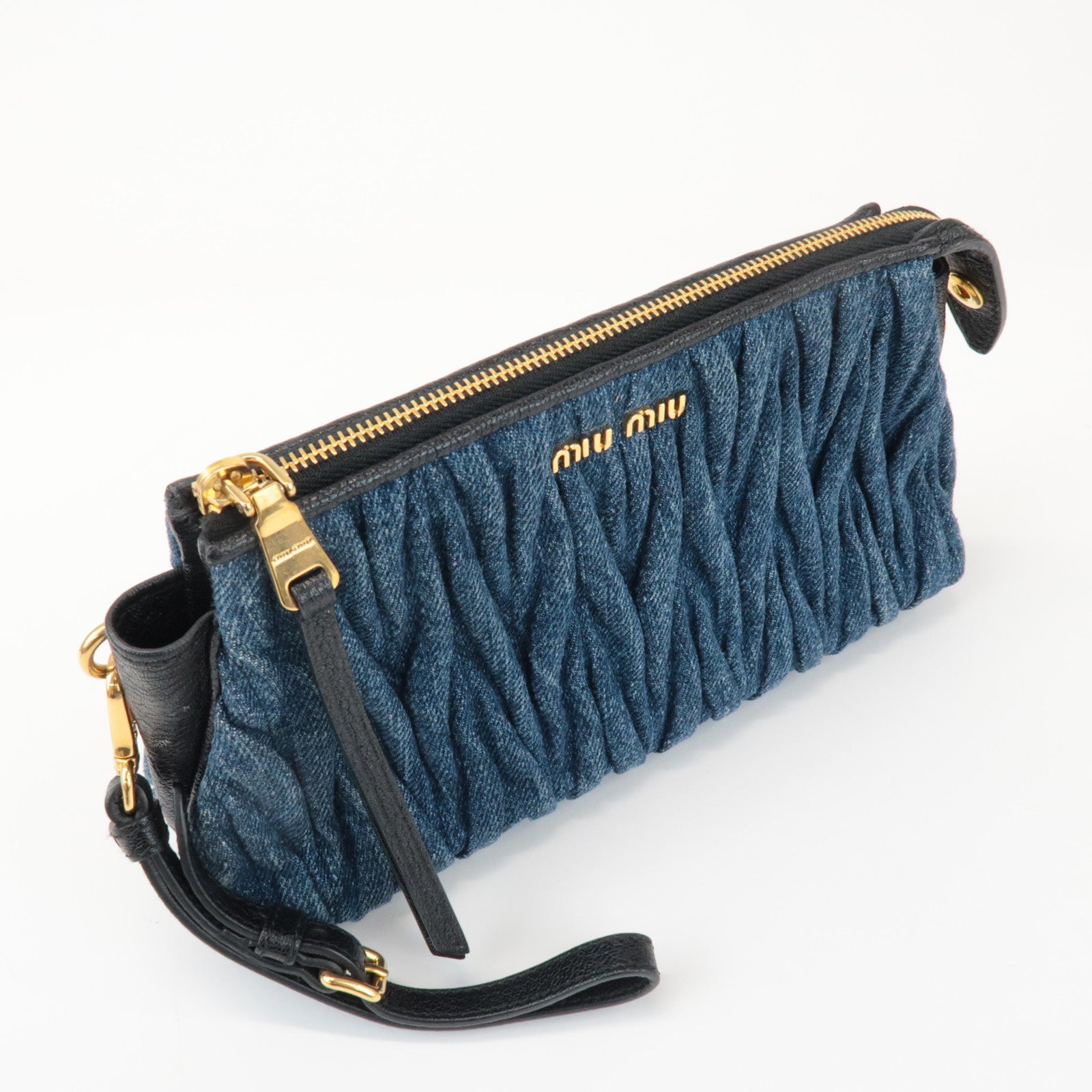 MIU MIU Matelasse Denim Leather Clutch Bag Wrist Bag Blue 5NE001