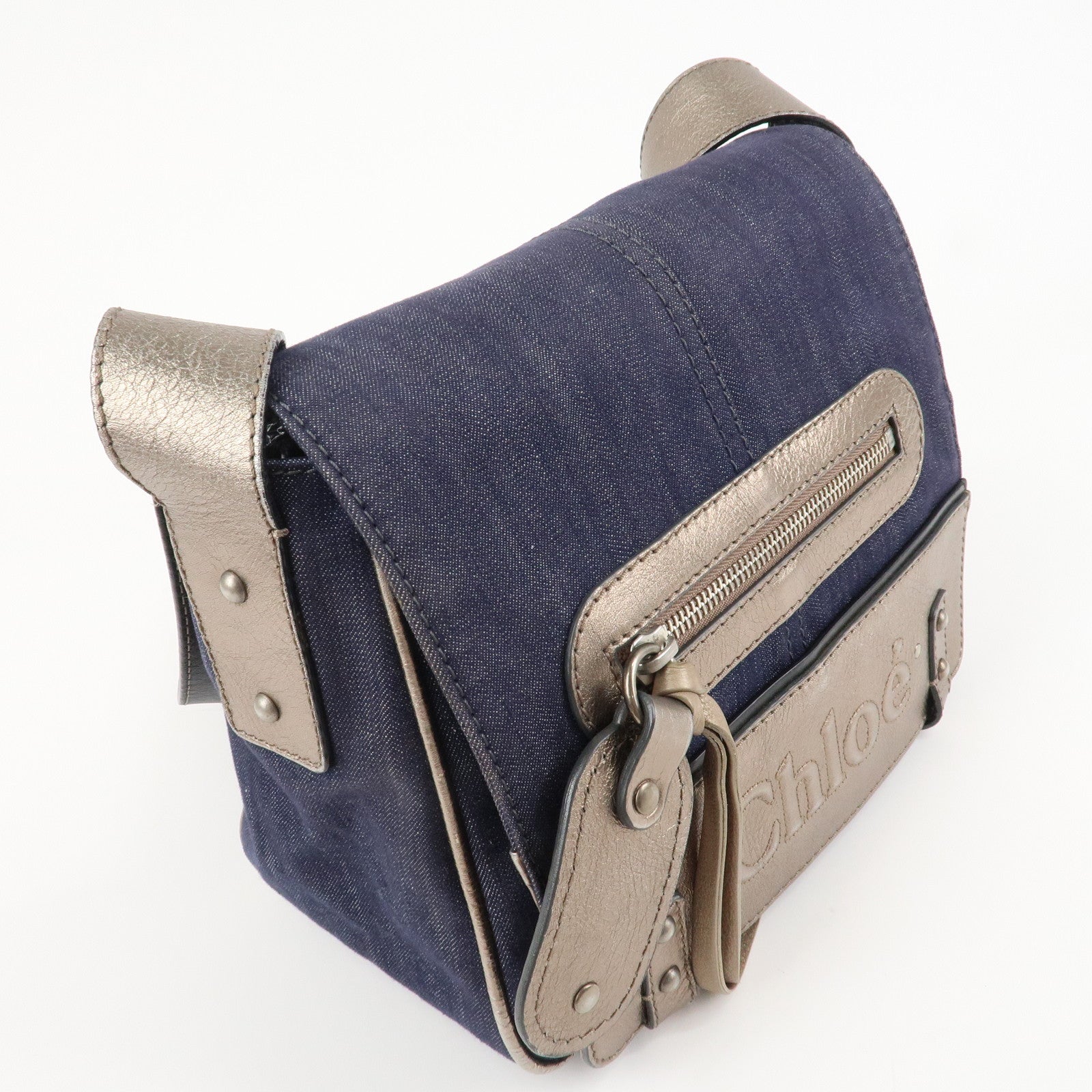 Chloe Denim Leather Shoulder Bag Crossbody Bag Indigo Blue Silver Used