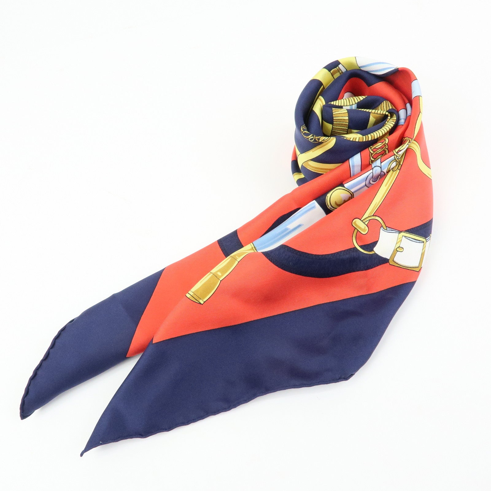 HERMES Carre 90 Silk 100% Scarf  Eperon d'or Navy White Yellow Red