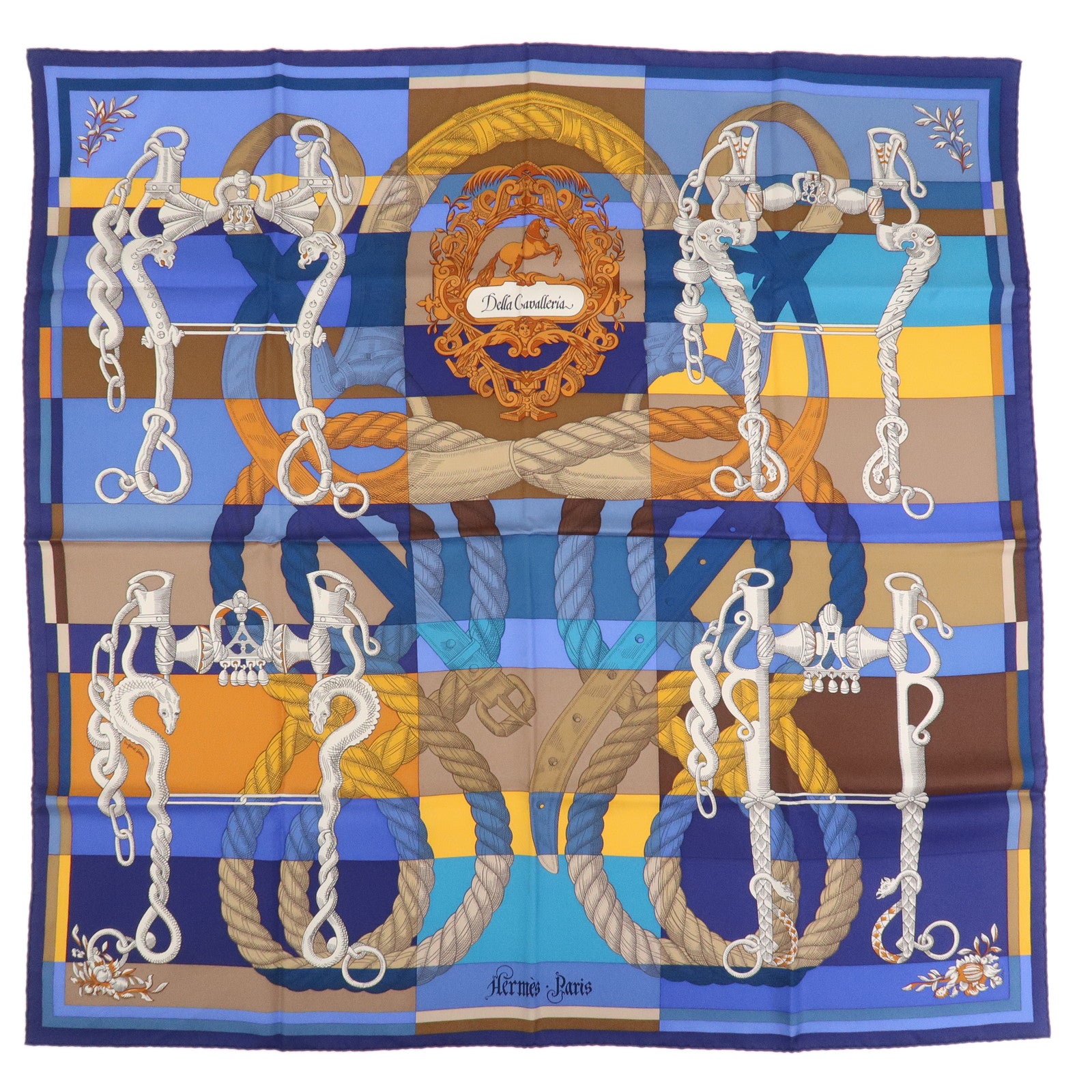 HERMES Carre 90 Silk 100% Scarf DELLA CAVALLERIA Blue Brown