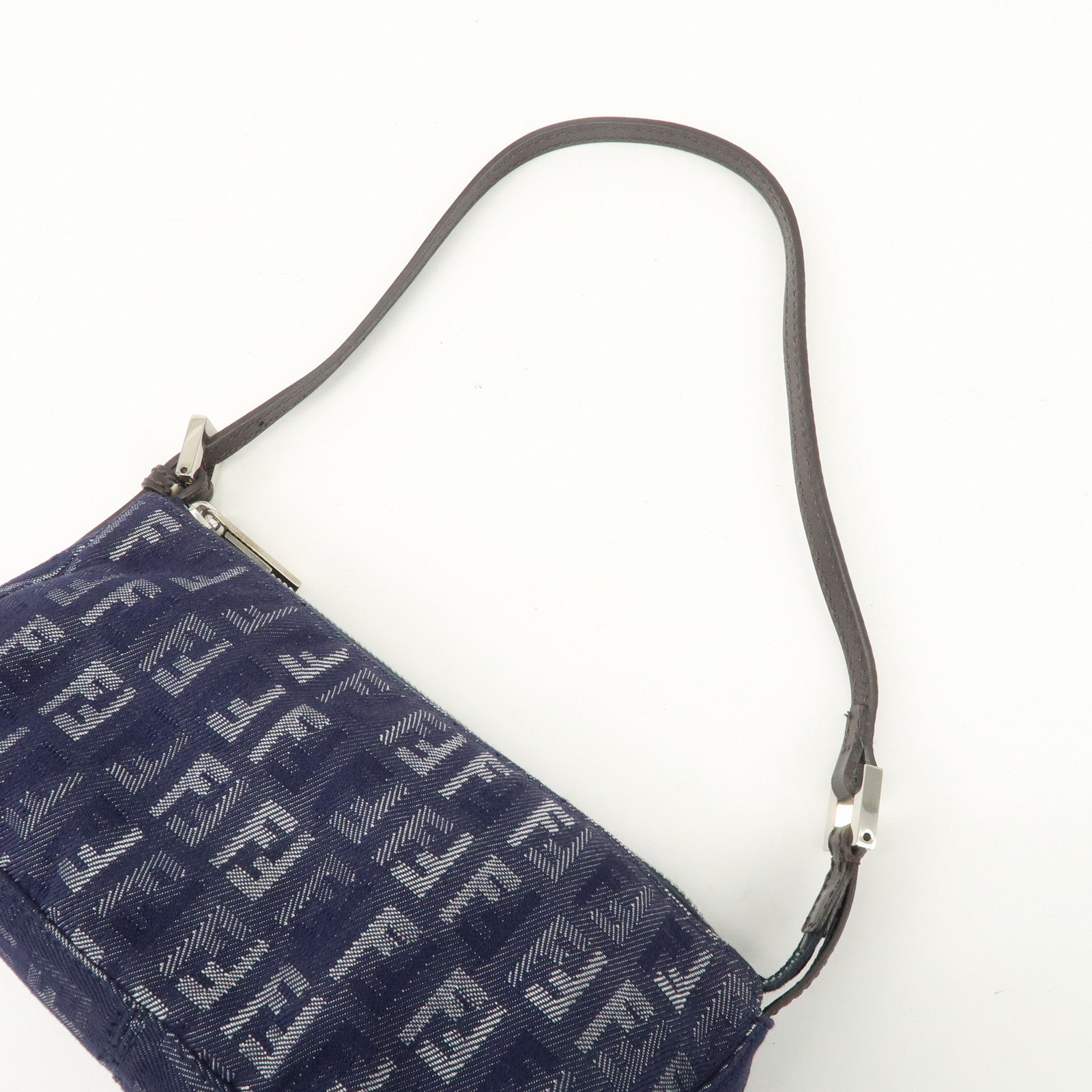 FENDI Zucchino Canvas Leather Shoulder Bag Pouch Navy 8BR249 Used