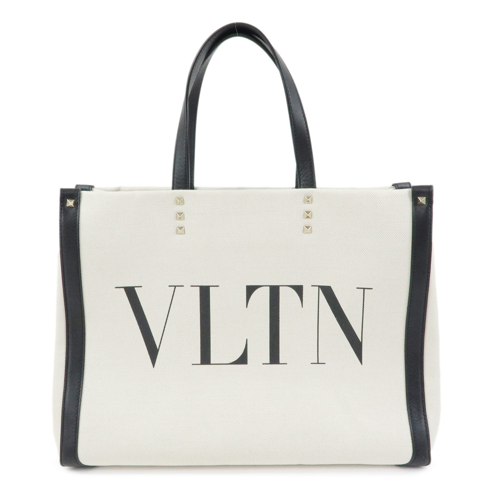 VALENTINO Rockstud Canvas Leather Tote Bag Hand Bag Natural Black