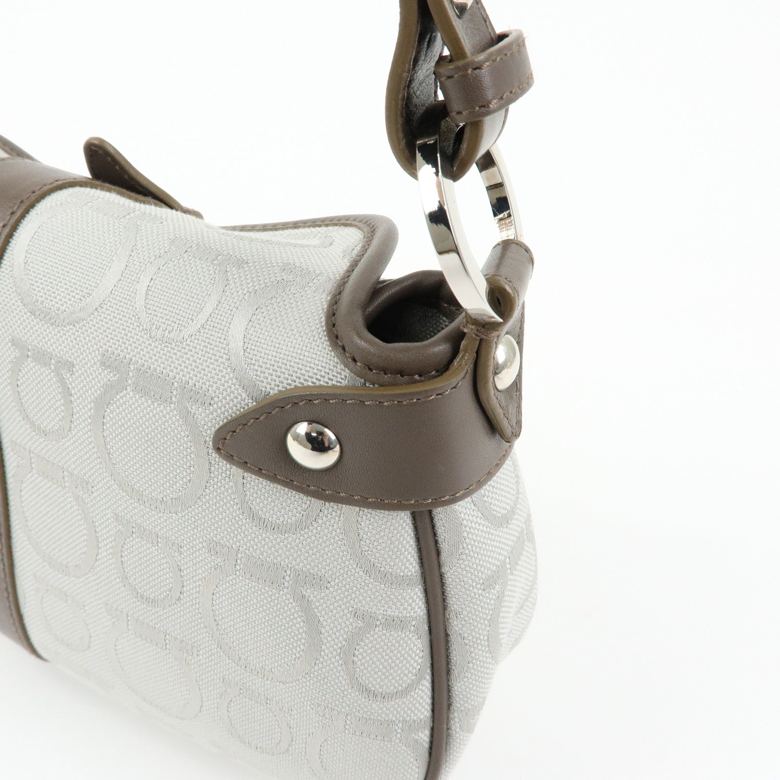 Ferragamo Gancini Canvas Leather Shoulder Bag Hand Bag Gray Brown