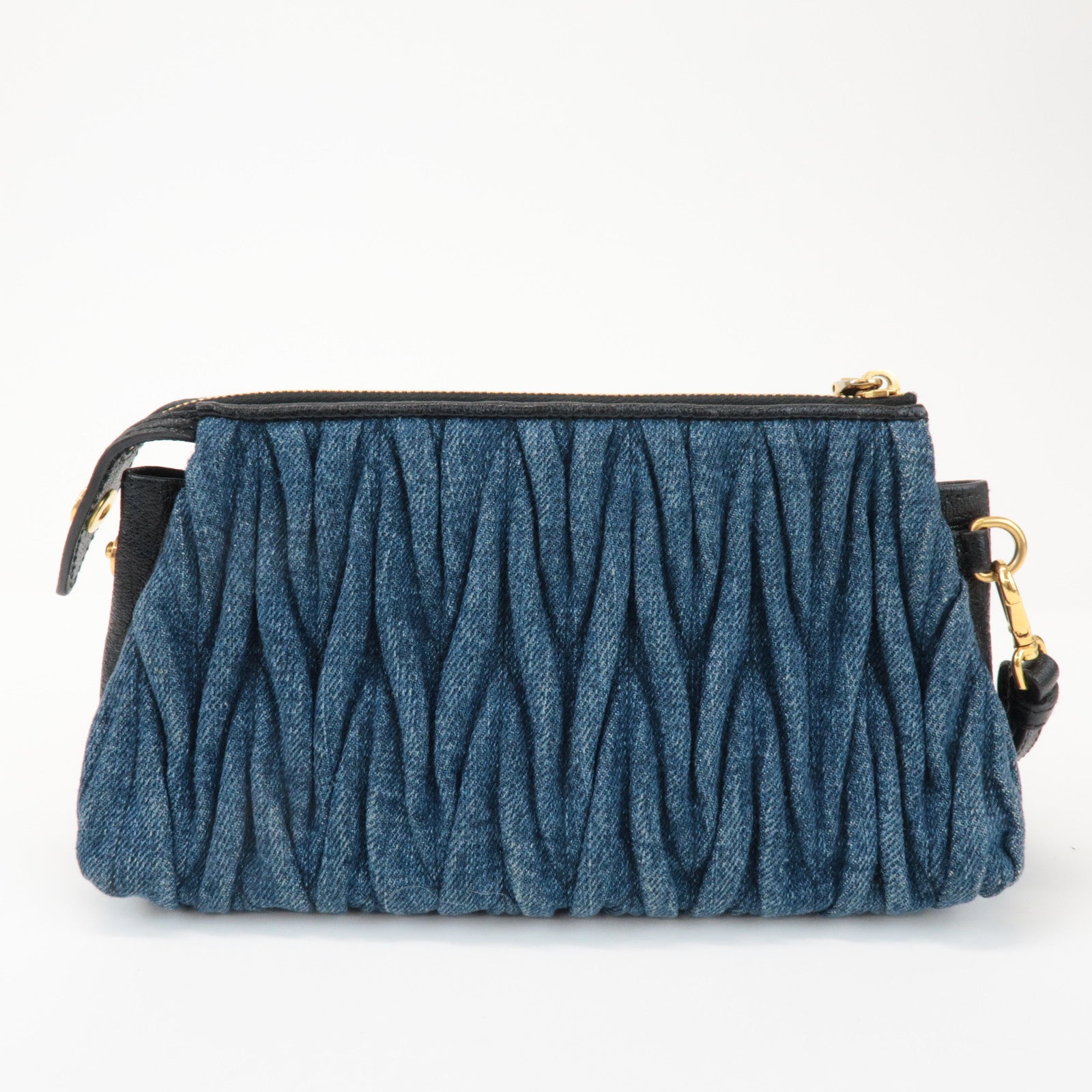 MIU MIU Matelasse Denim Leather Clutch Bag Wrist Bag Blue 5NE001
