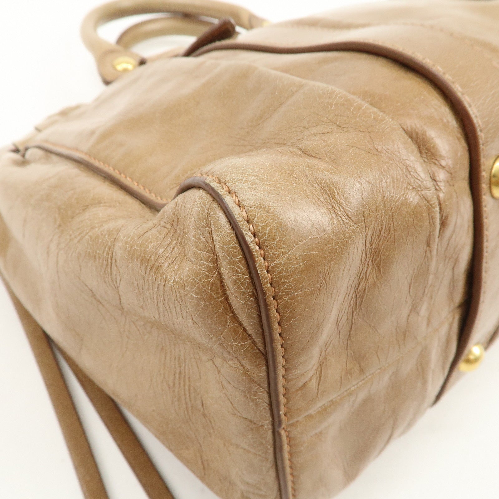 MIU MIU Leather 2Way Gathered Hand Bag Shoulder Bag Brown RT0383