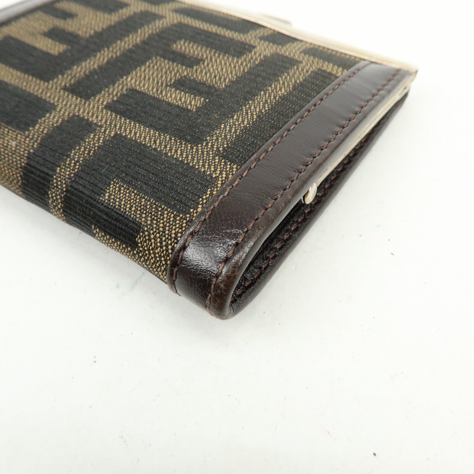 FEND Zucca Canvas Leather Compact Wallet Coin Case Brown