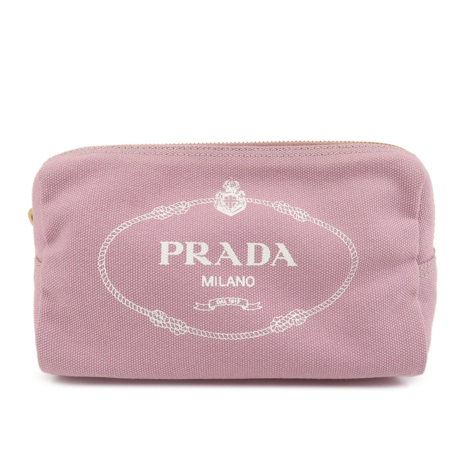 PRADA Logo Canapa Canvas Cosmetic Pouch Makeup Bag Pink 1NA693