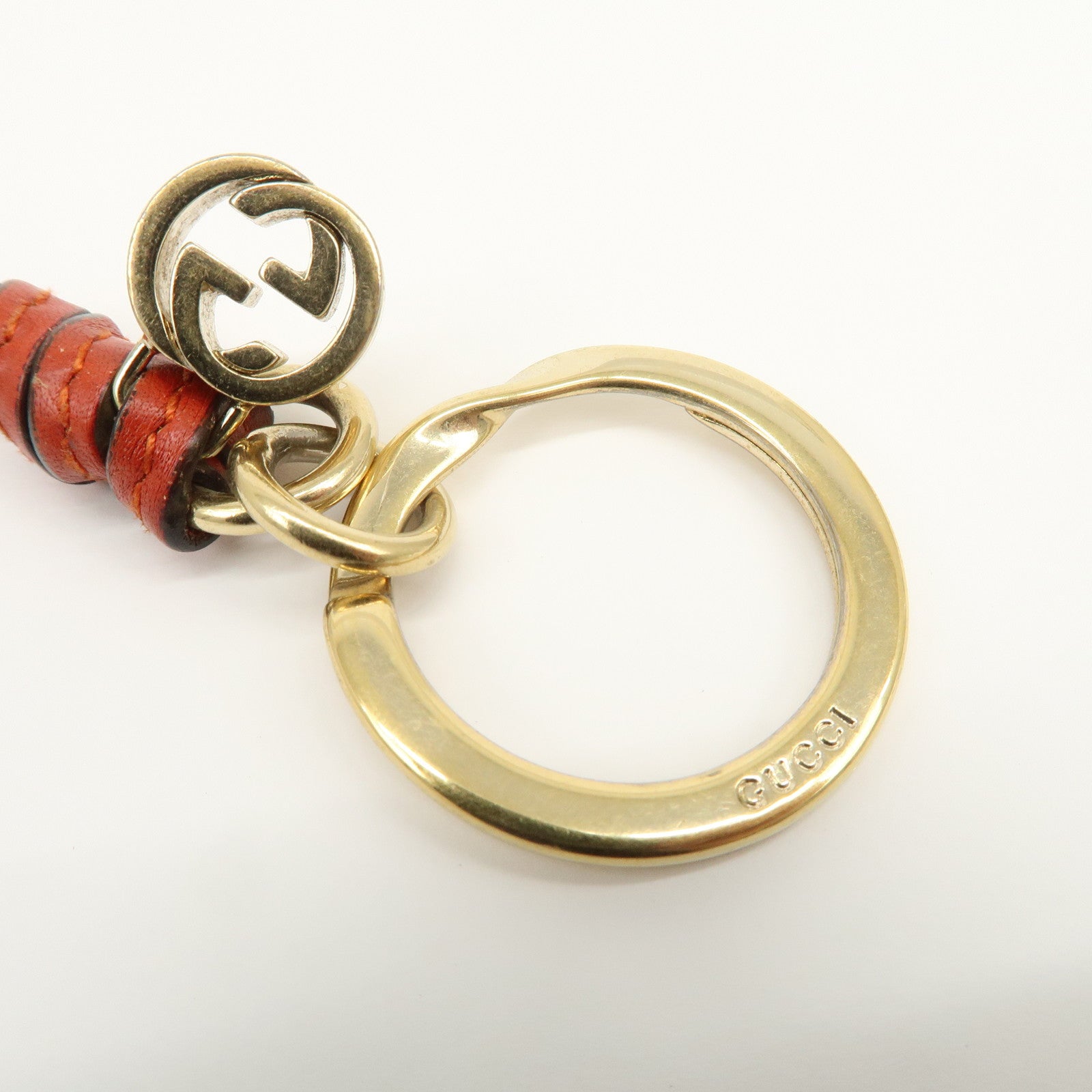 GUCCI Interlocking G Leather Metal Bag Charm Key Chain Orange Gold