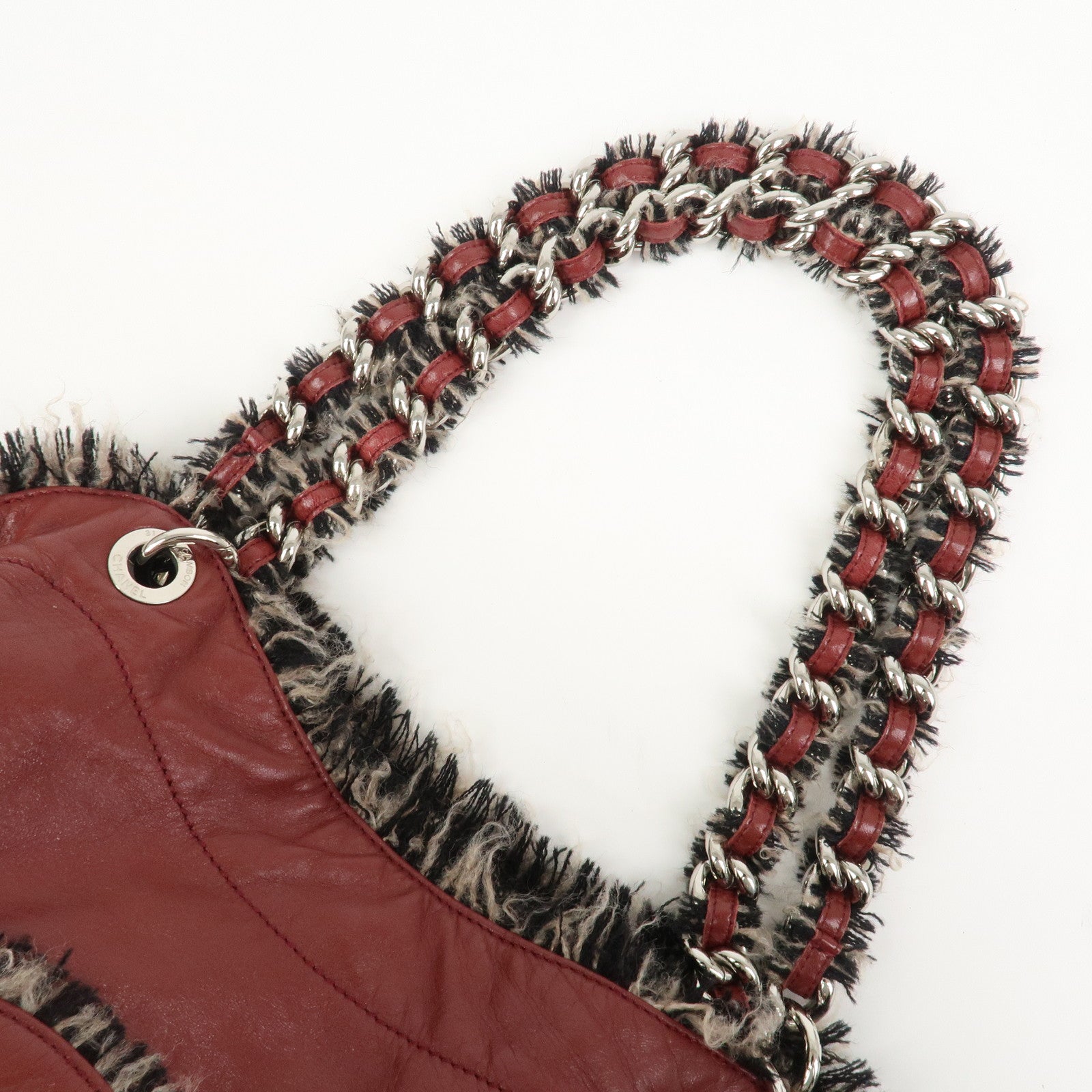 CHANEL Leather Tweed Chain Shoulder Tote Bag Bordeaux A49559