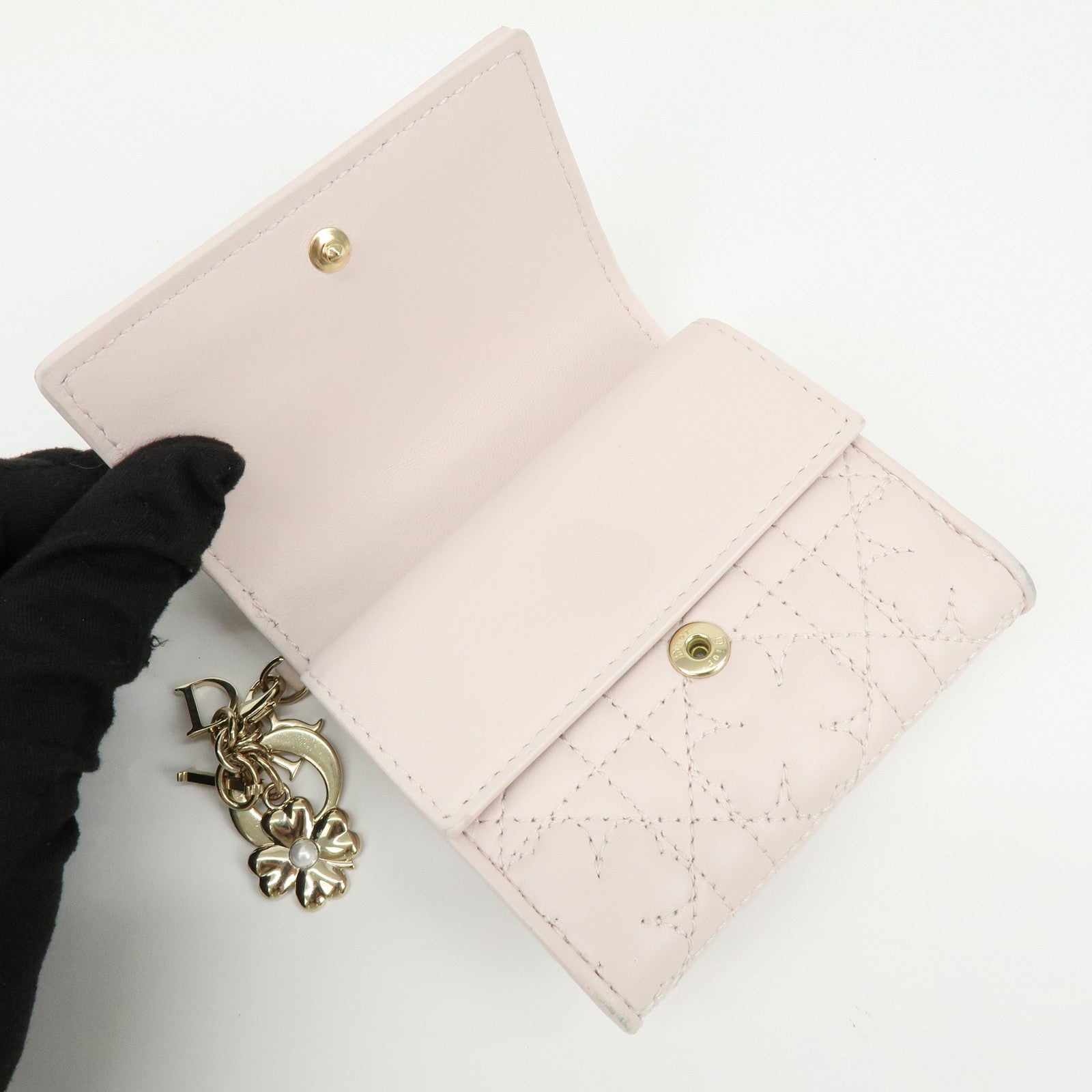 Christian Dior Cannage Leather Tri-fold Compact Wallet Light Pink