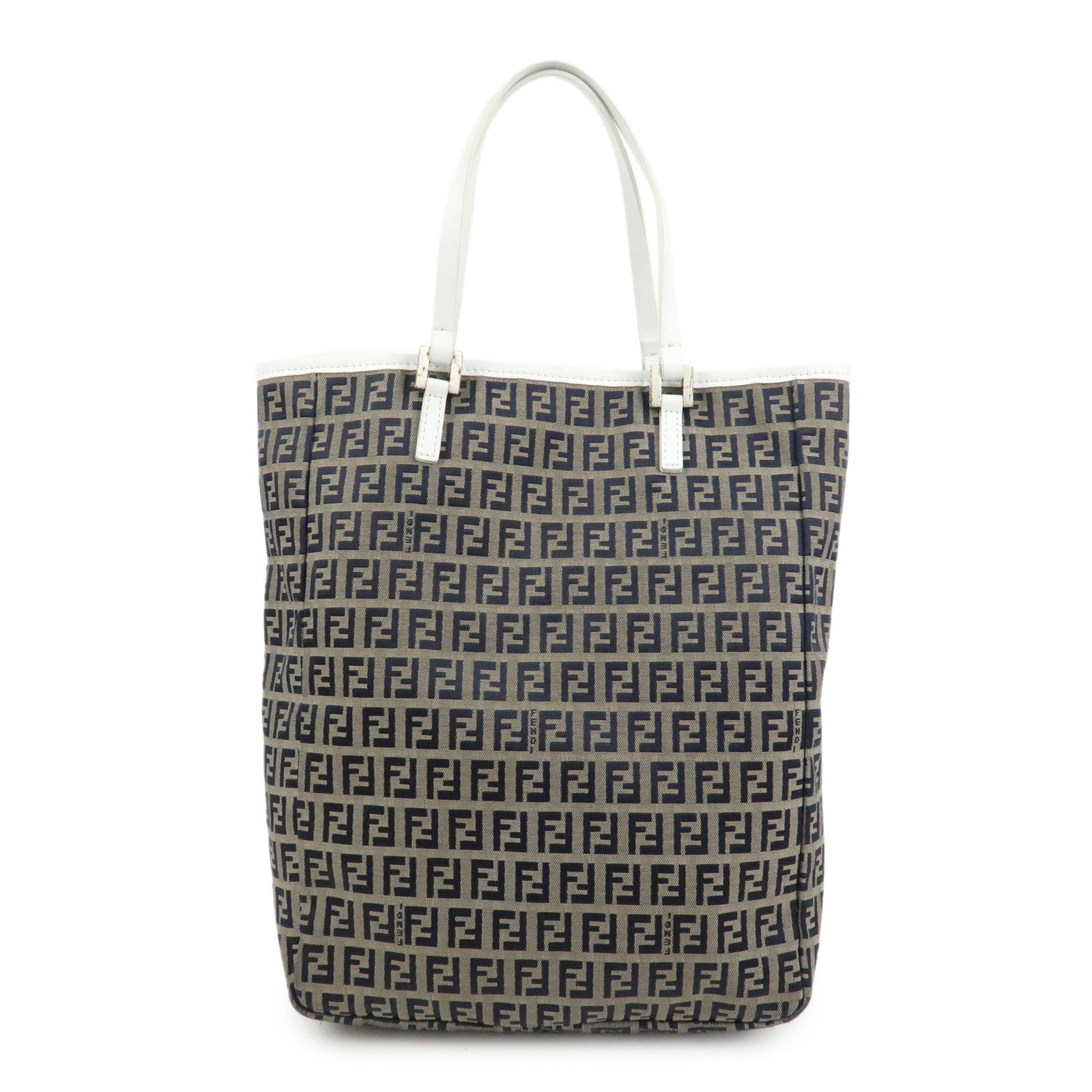 FENDI Zucchino Canvas Leather Tote Bag Hand Bag Navy 8BH006